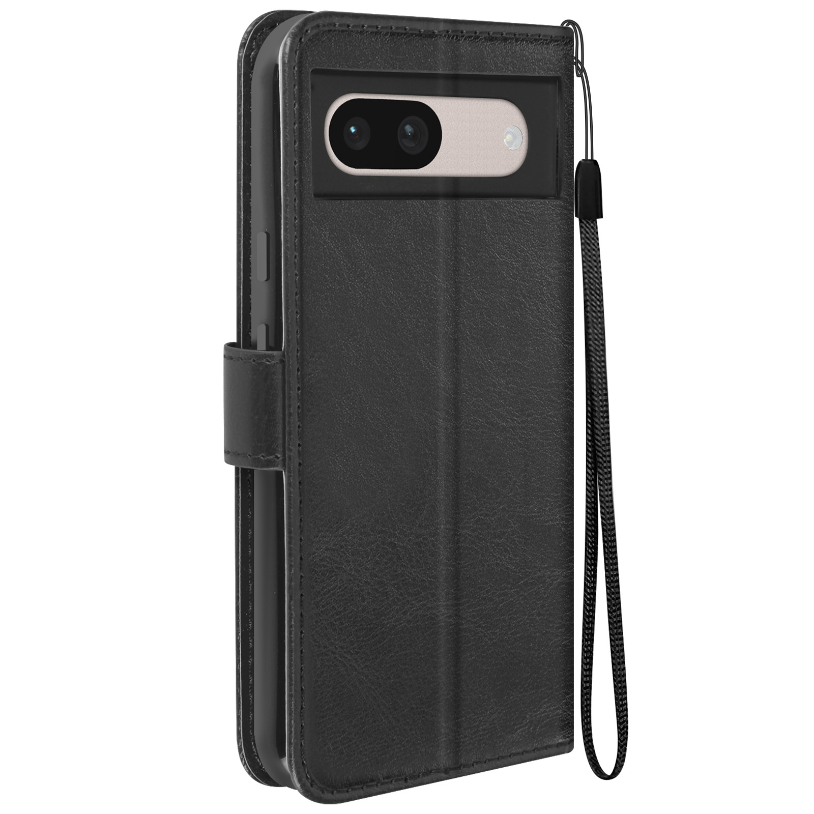 Custodia nera per telefono con cinturino. Telefono all'interno. Custodia chiusa, che mostra la fotocamera e i dettagli del cinturino.