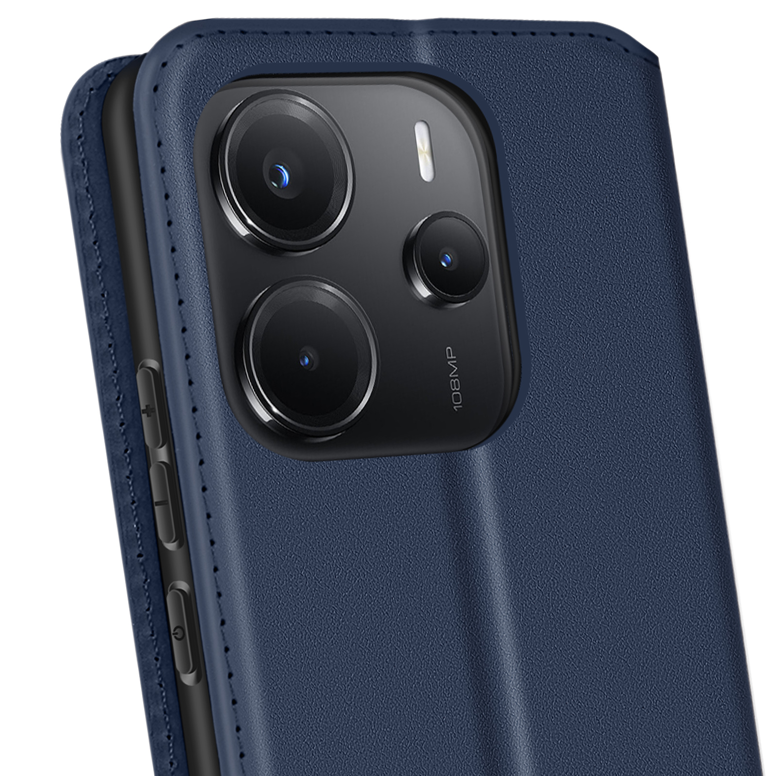 Custodia blu scuro, aperta. Telefono con fotocamere. Primo piano delle lenti.