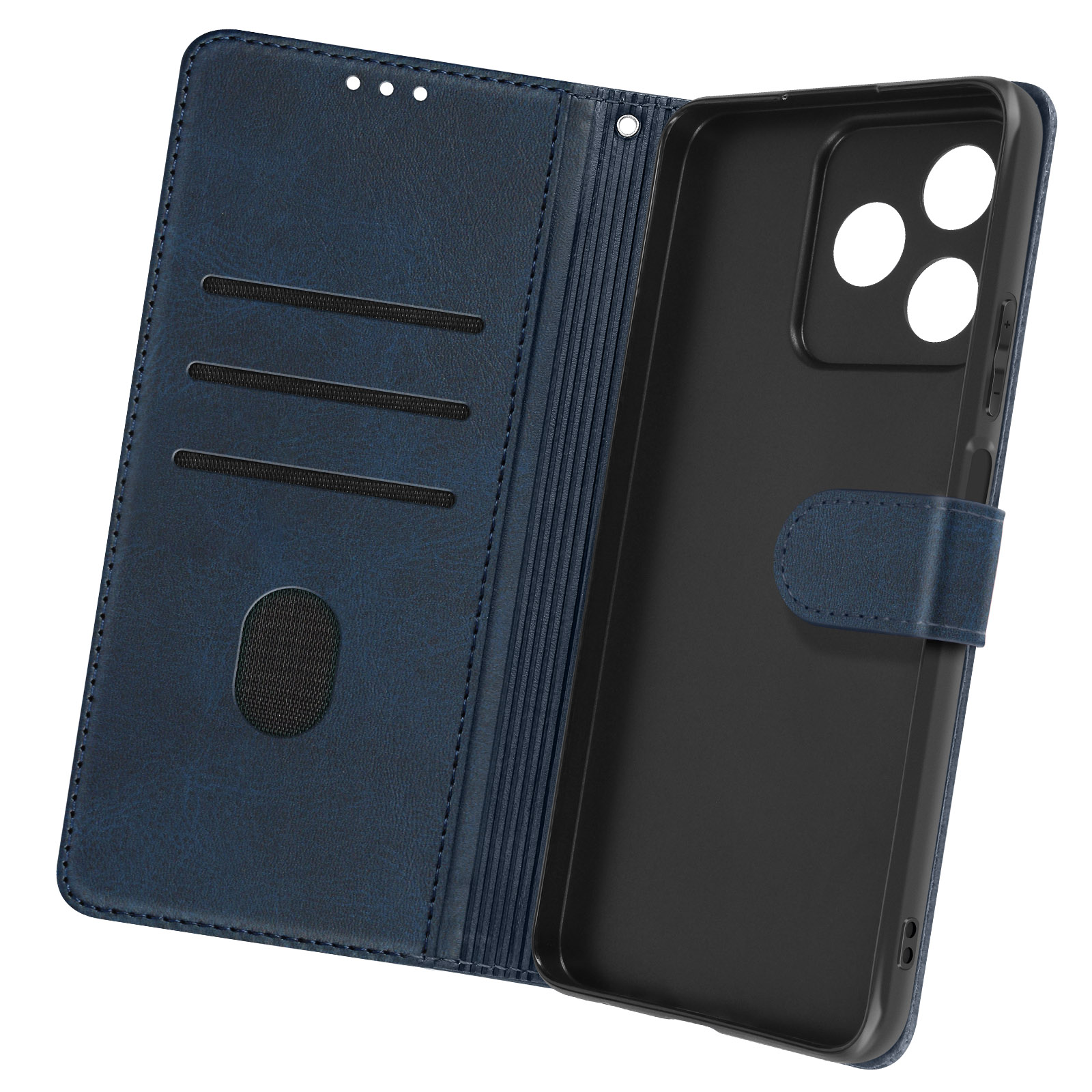 Custodia per telefono in pelle blu con fessure per carte aperte.