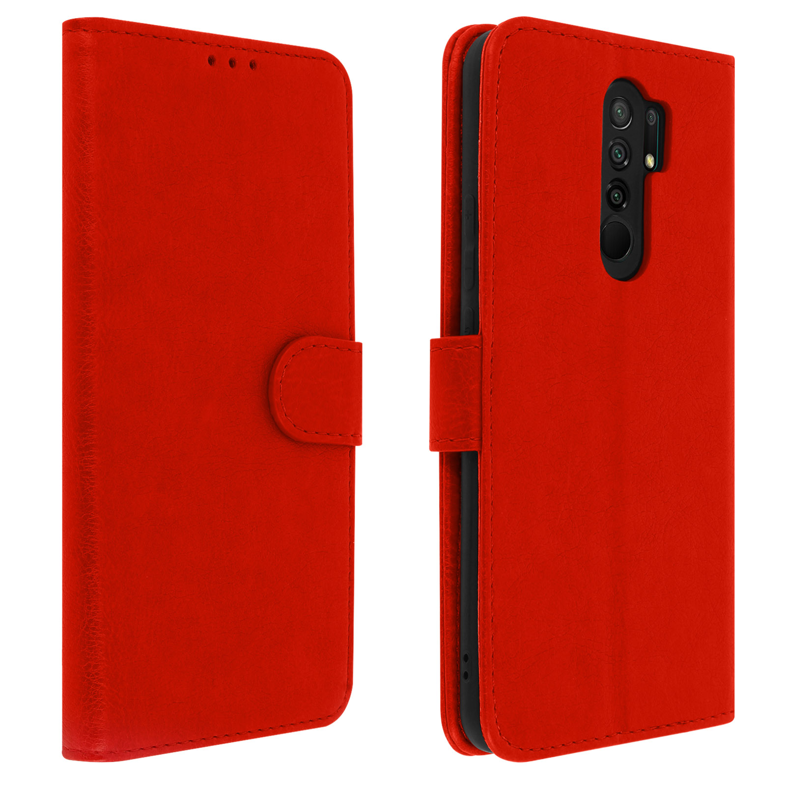 Custodia per telefono rossa. Aperta e chiusa, con telefono visibile. Chiusura magnetica.