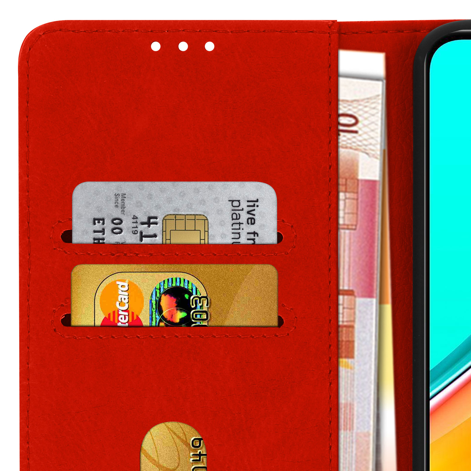 Custodia rossa per telefono aperta, mostra carte di credito e denaro a sinistra. Telefono a destra.