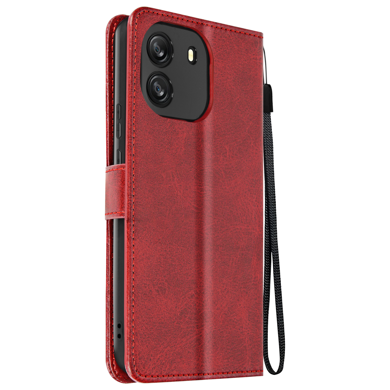 Rote Handyhülle geöffnet. Telefon sichtbar. Handschlaufe befestigt. Schwarze Kamera. Rote lederartige Textur.