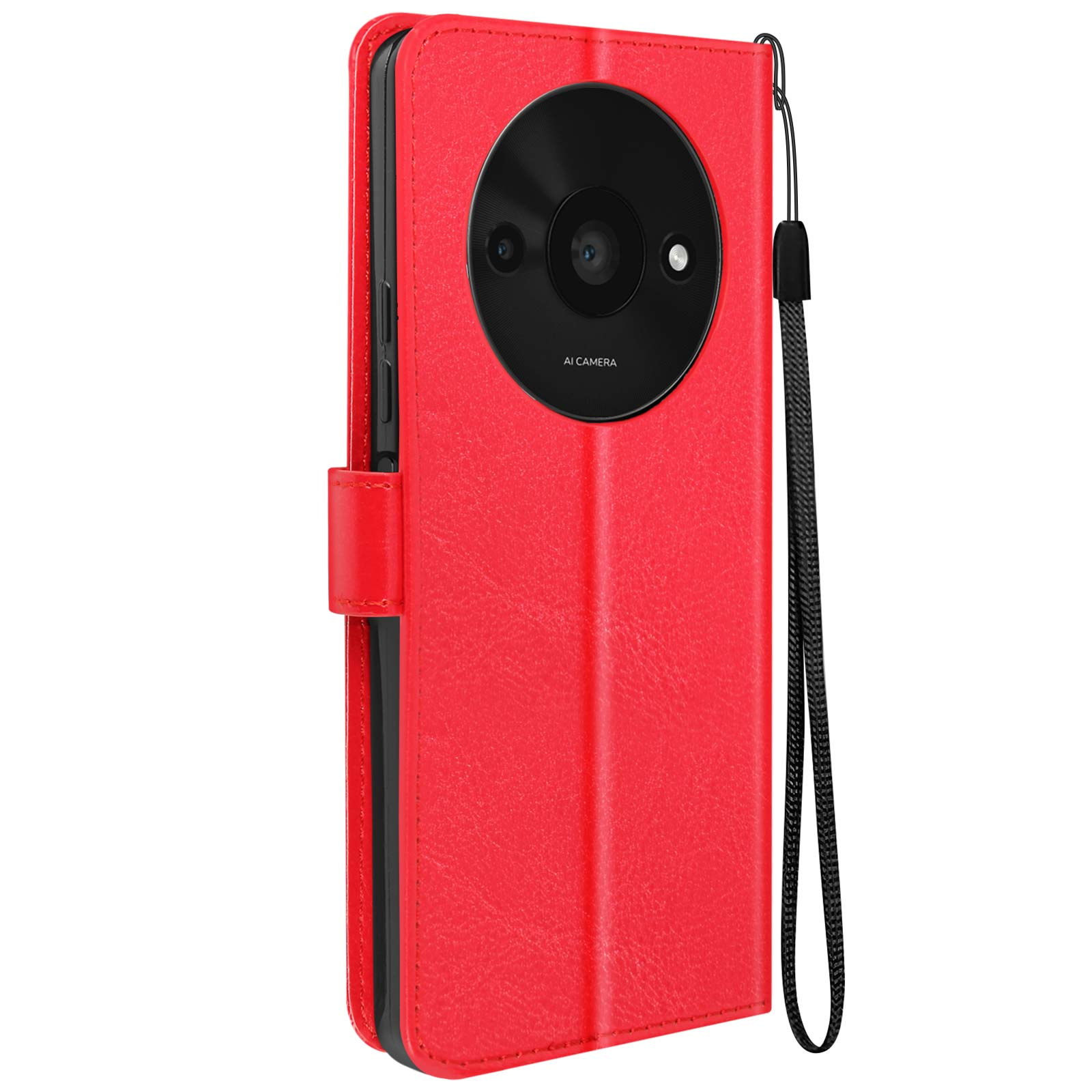 Custodia rossa con fotocamera e cinturino nero.