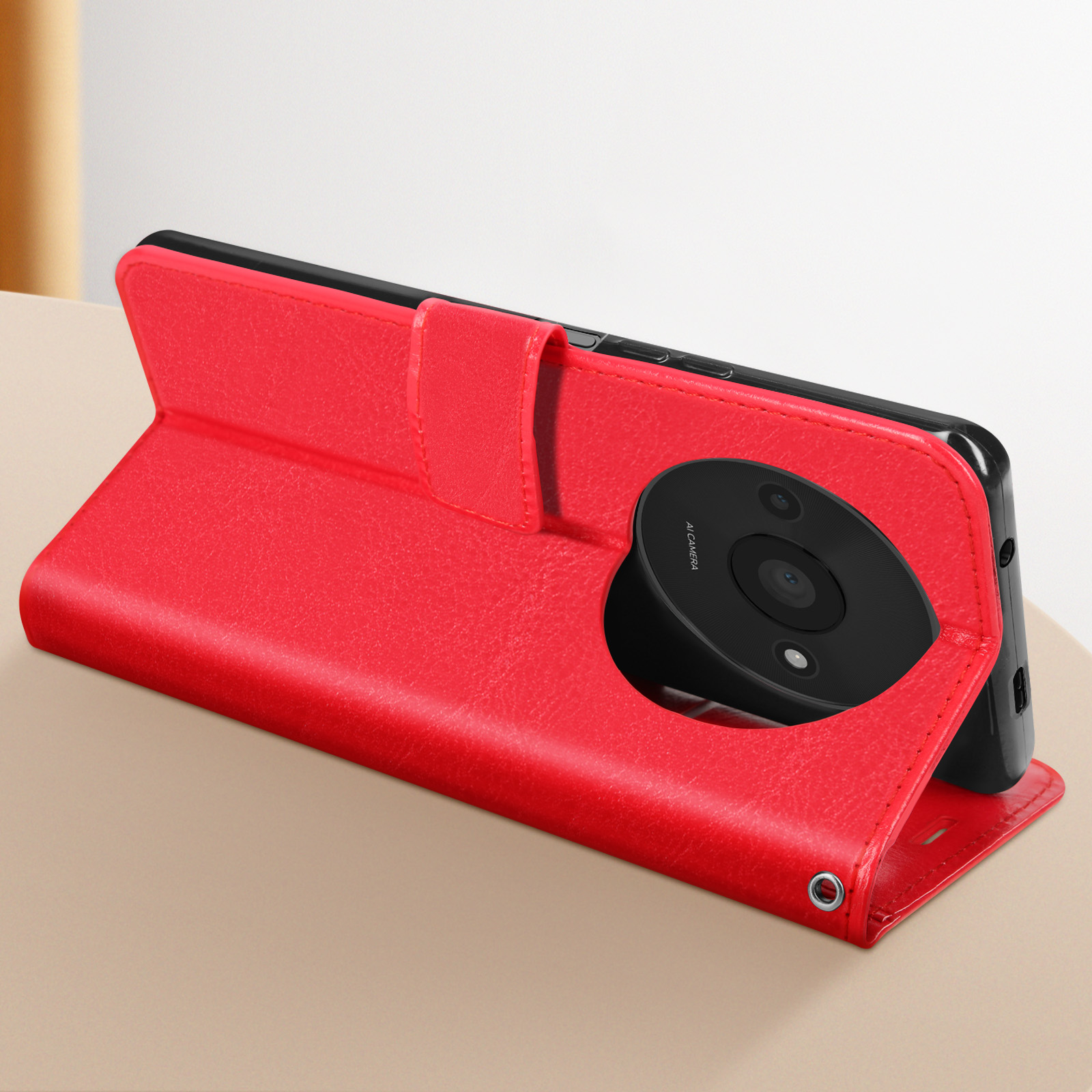 Custodia rossa con un telefono all'interno.