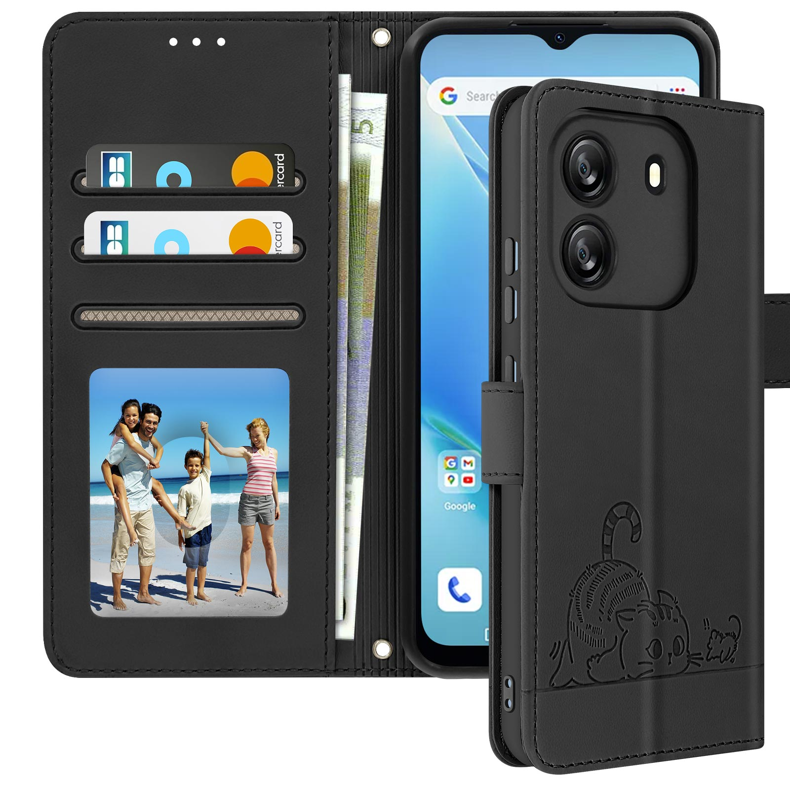 Schwarze Handyhülle, offen, zeigt ein Telefon, Geld und Karten. Eine Cartoon-Katze ist auf dem Etui.