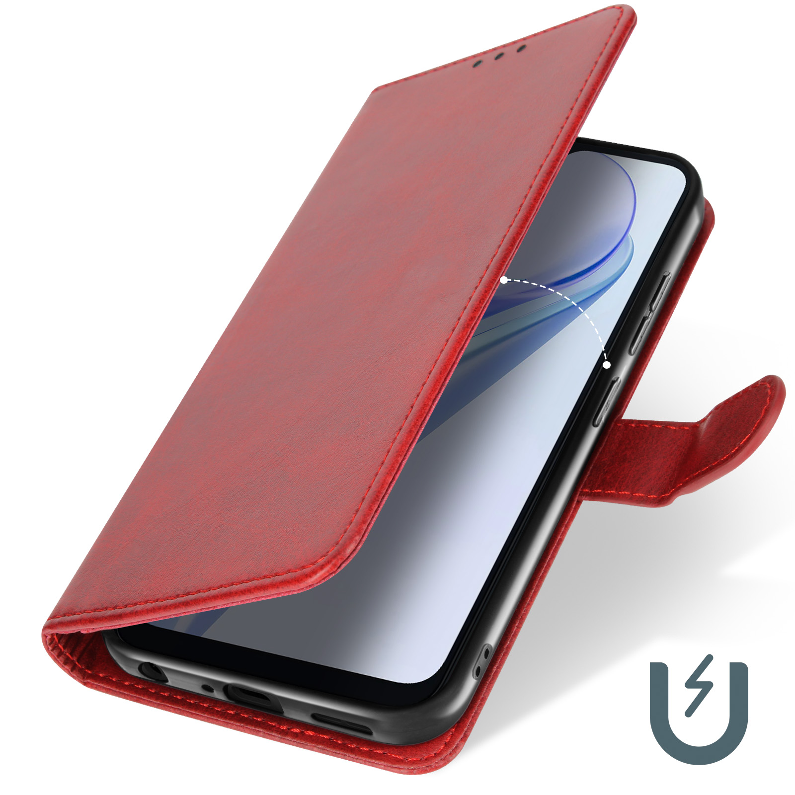 Rote Leder-Handyhülle, offen, mit Telefonbildschirm und Magnetsymbol.