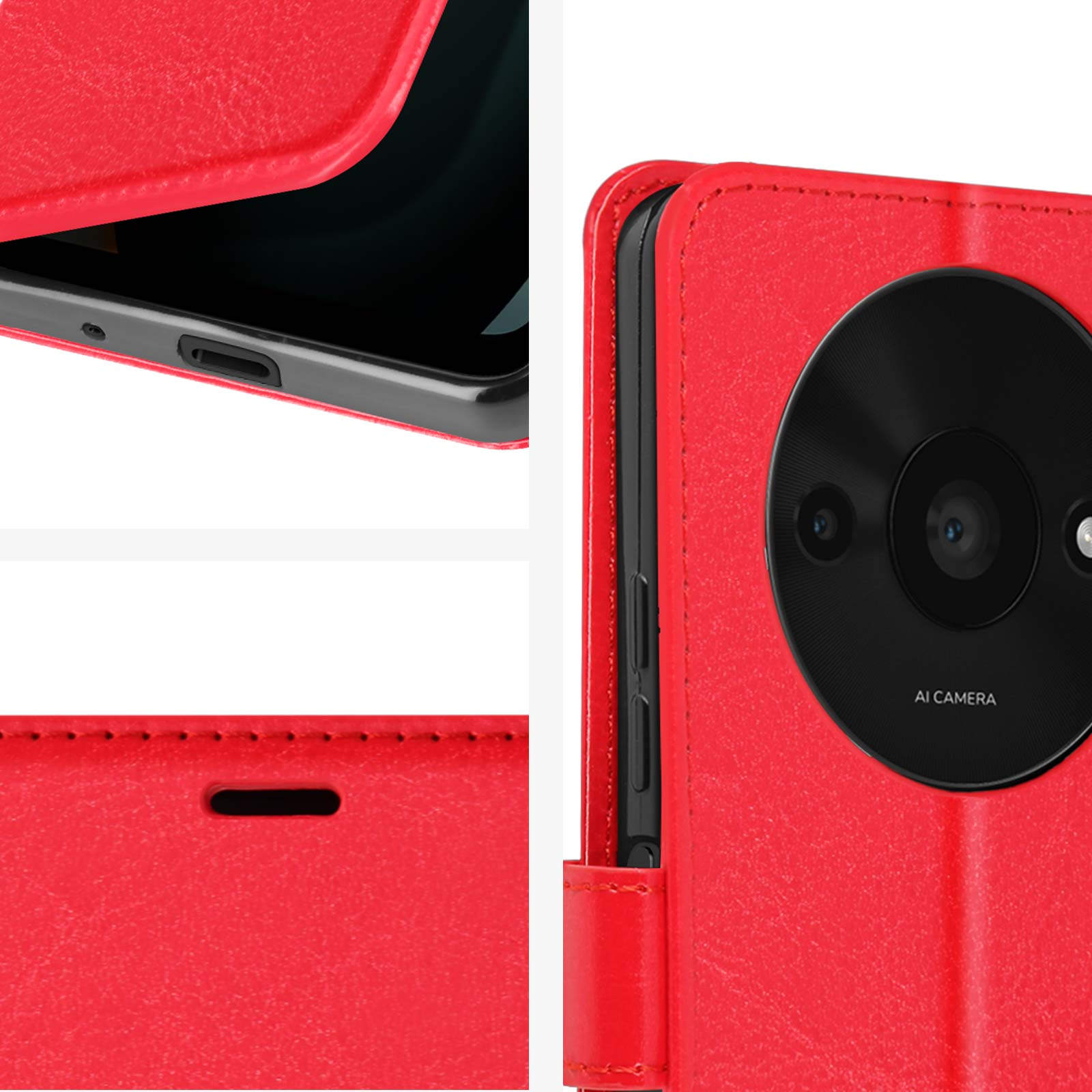 Custodia rossa, aperta per mostrare telefono e dettaglio fotocamera. La custodia ha cuciture.