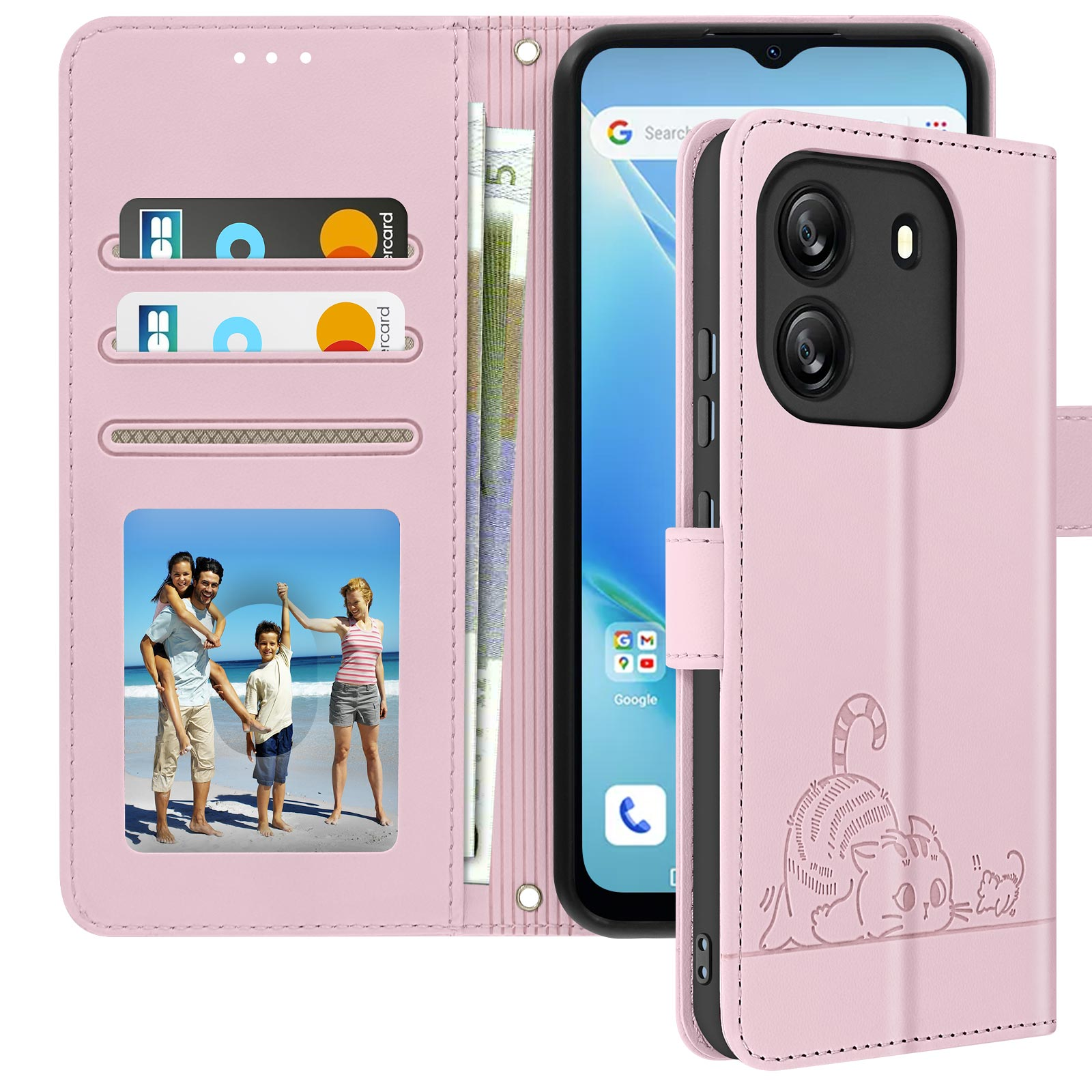 Geöffnete rosa Handyhülle mit Familienfoto, Kartenfächern und Telefon.