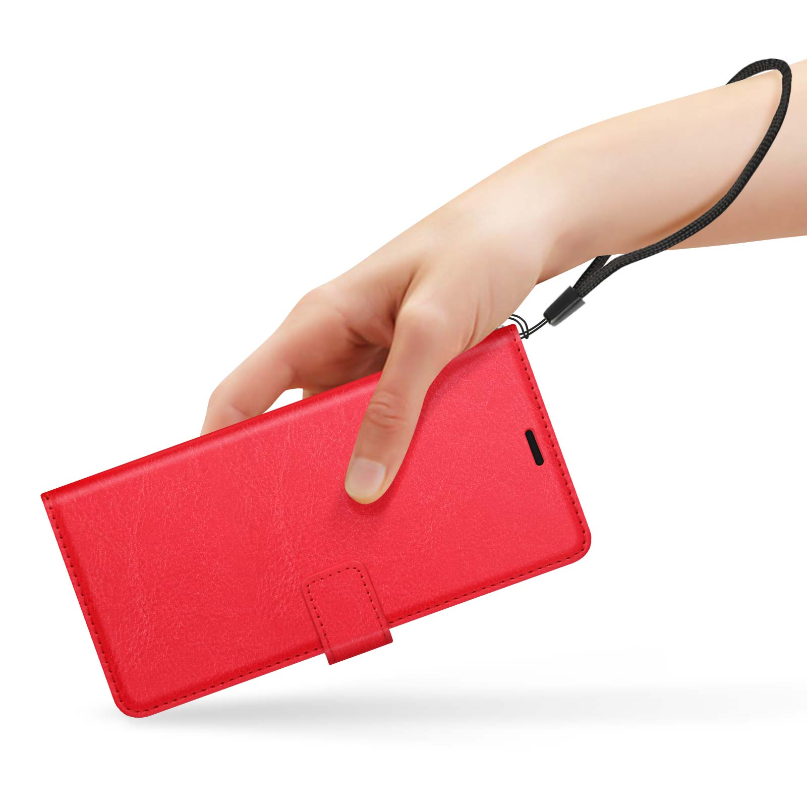 Mano che tiene una custodia rossa per telefono con cinturino nero. La custodia è chiusa.