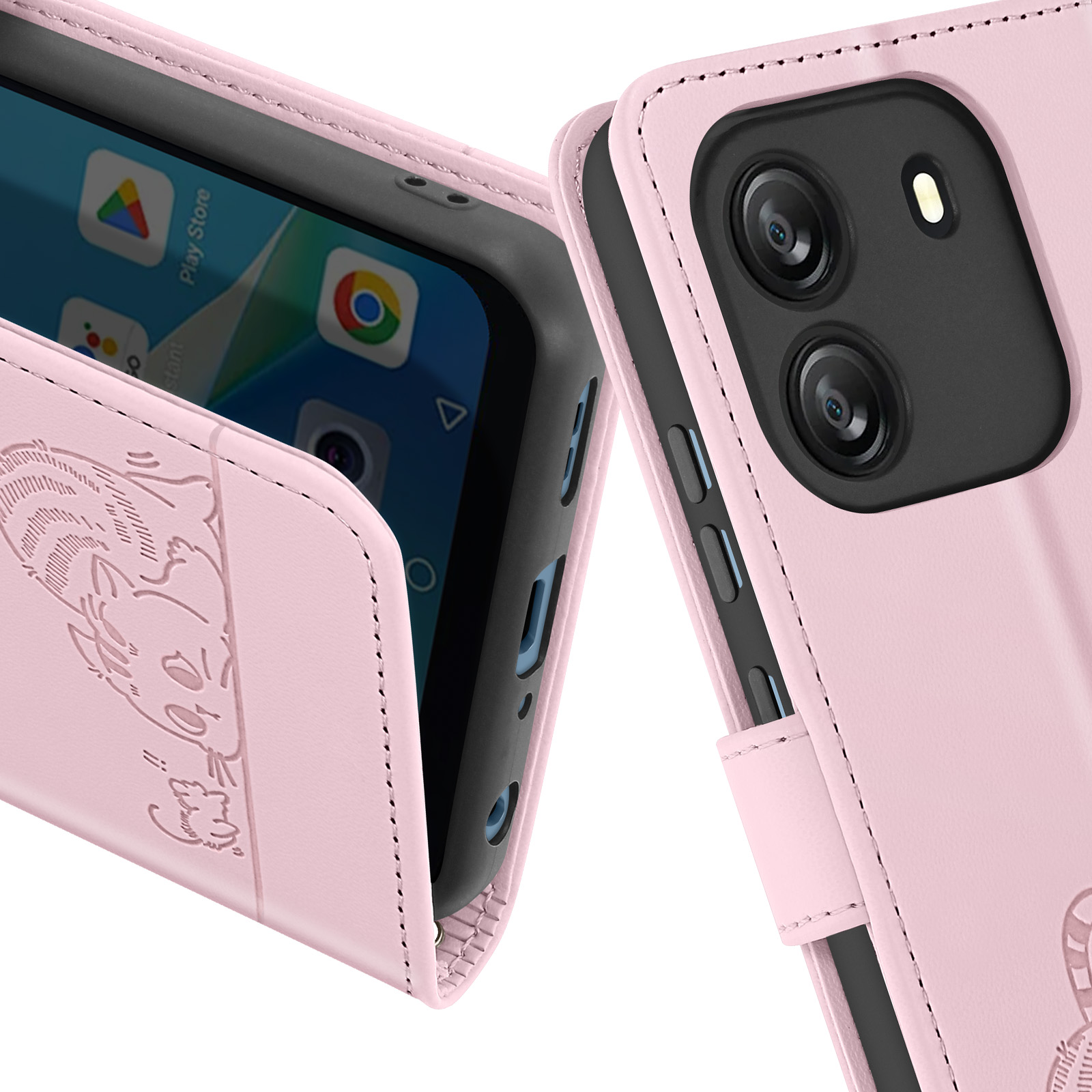 Rosa Handyhülle geöffnet. Telefon zeigt Bildschirm mit App-Symbolen. Schwarzes Telefon.