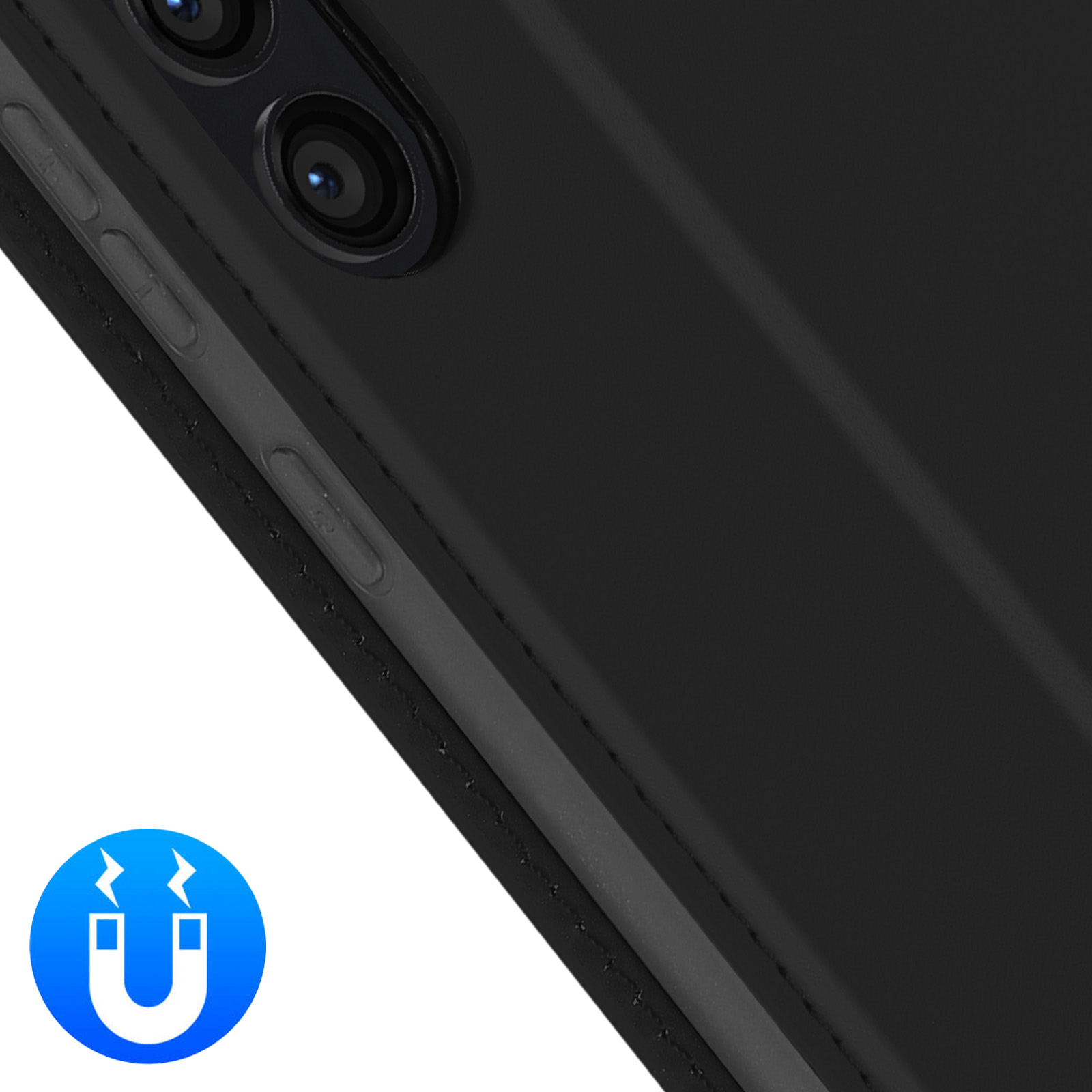 Primo piano di una custodia nera per telefono con simbolo magnetico su sfondo bianco.