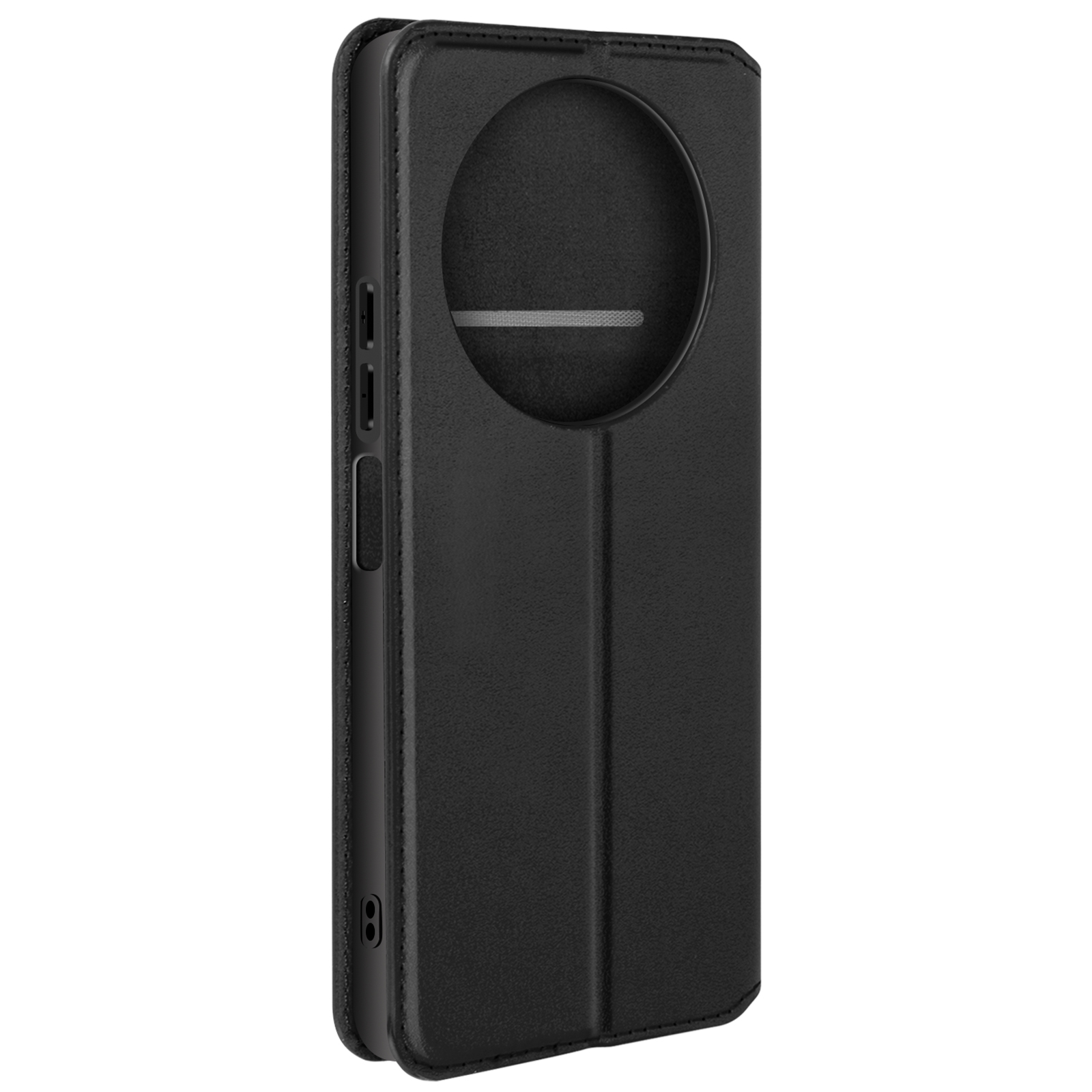 Custodia per telefono nera con finestra rotonda. La custodia è chiusa e ha una consistenza liscia.