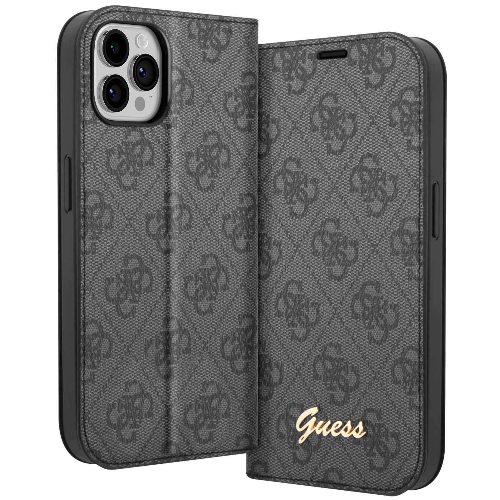 Custodia per telefono grigia con logo Guess. Il telefono nero è nella custodia. Sfondo bianco.