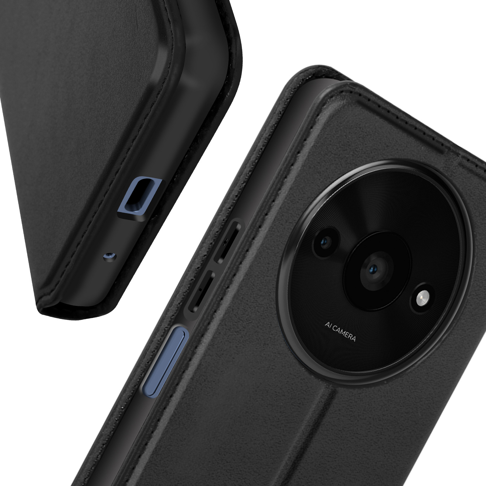 Custodia nera con telefono dentro. Dettagli del lato del telefono visibili.