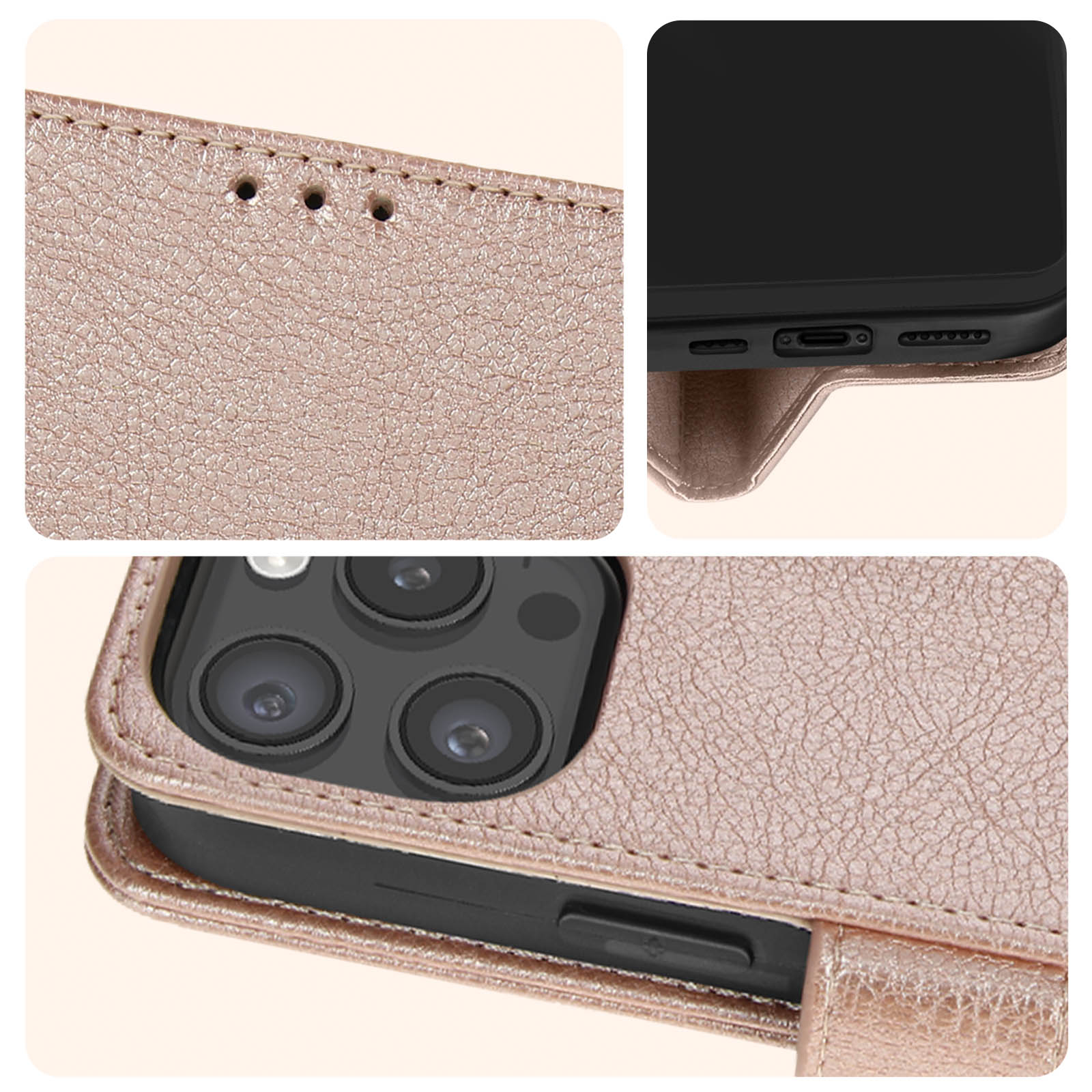 Primi piani di una custodia per telefono color oro rosa. Sono visibili i dettagli della trama, dei fori e dei componenti del telefono.