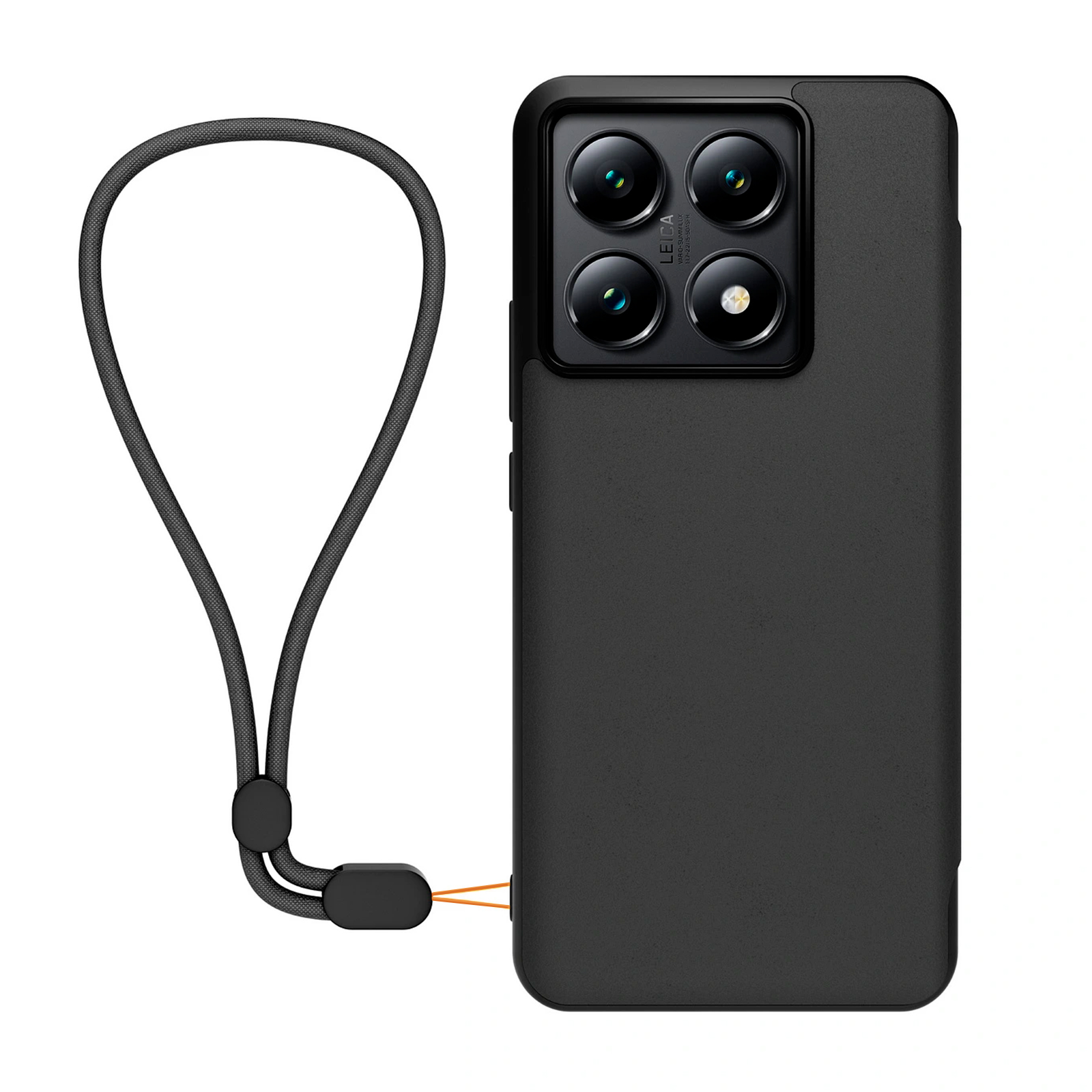 Zwarte telefoonhoes met een riem. De hoes heeft een camera en de riem heeft een oranje detail.