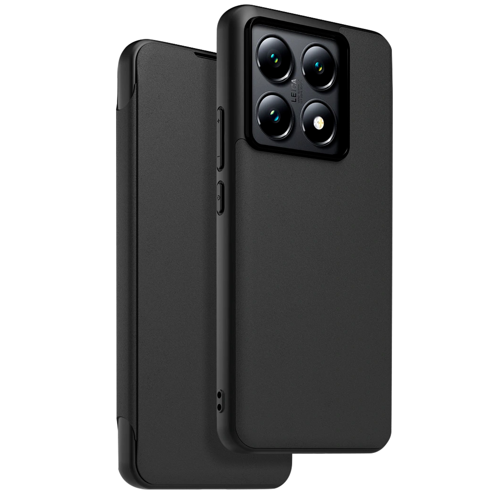 Zwarte telefoonhoes met 4 cameralenzen. Zwarte achtergrond. Minimalistisch.