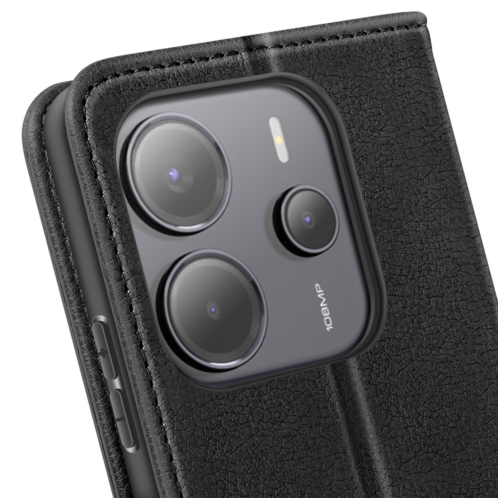 Custodia per telefono nera, aperta con lenti della fotocamera visibili. La custodia è su una superficie chiara.