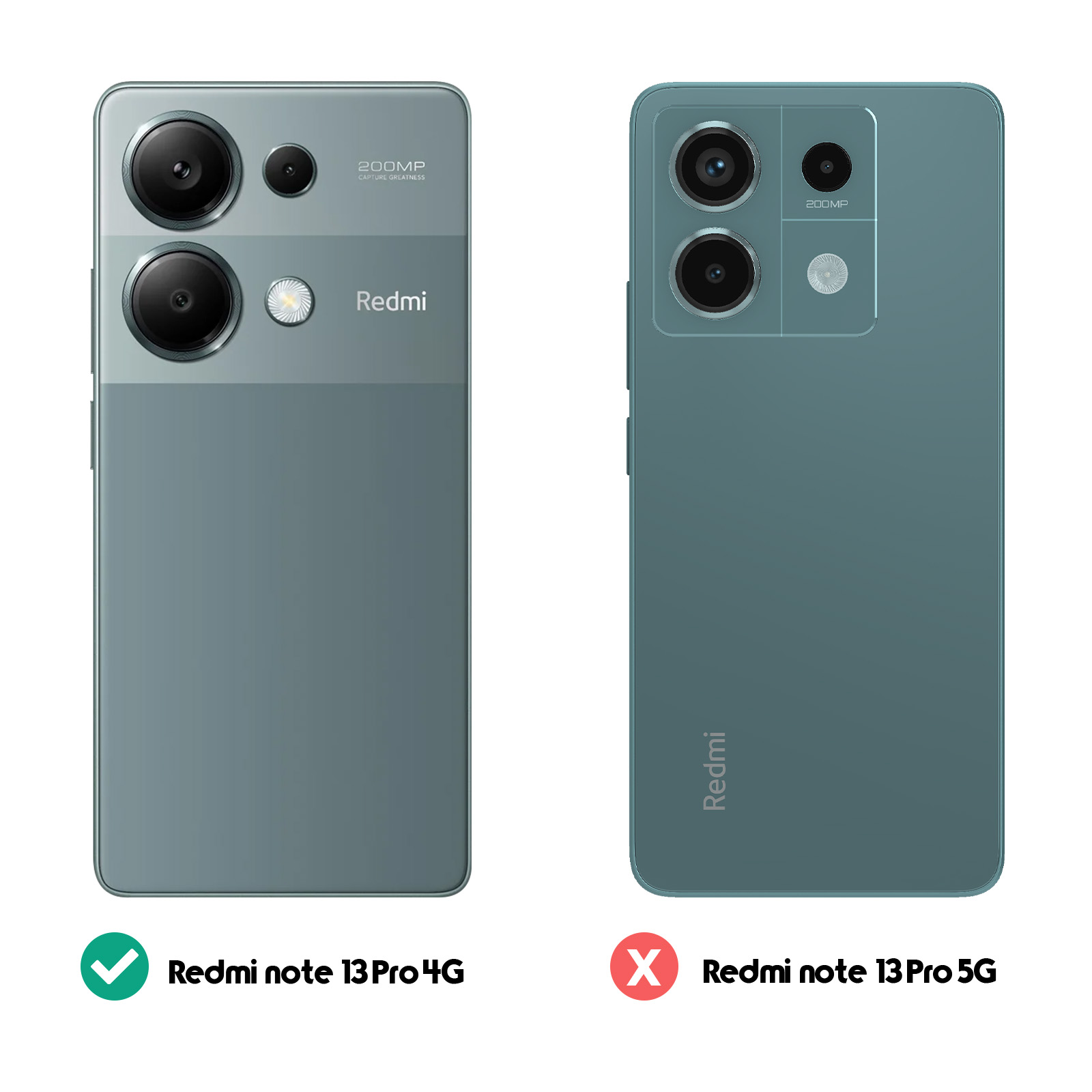Zwei Telefone werden gezeigt. Eines ist Redmi Note 13 Pro 4G. Das andere ist Redmi Note 13 Pro 5G.