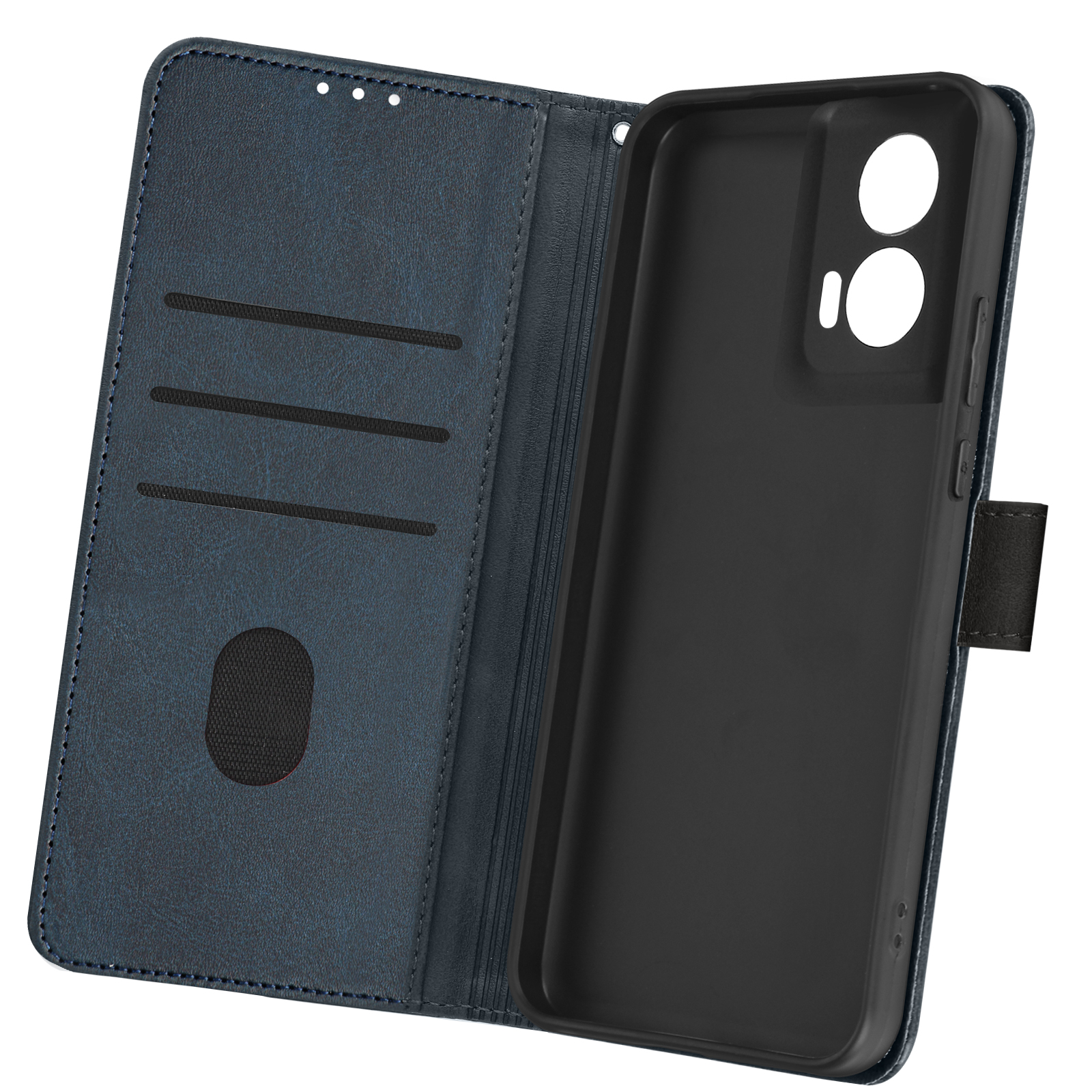 Custodia blu aperta con scomparti per carte e supporto per telefono nero.