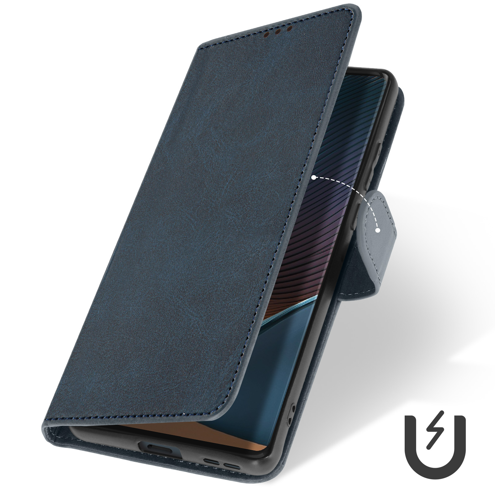 Custodia blu per telefono aperta. Presenta un simbolo di magnete. Pelle blu.