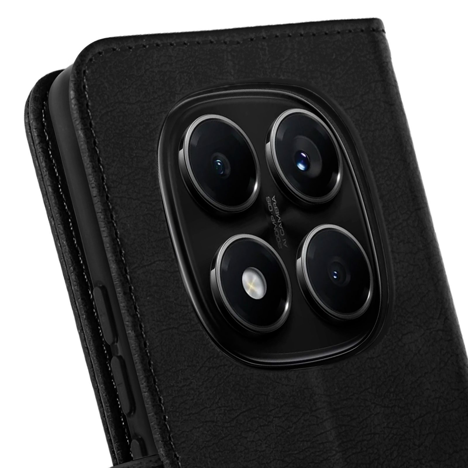 Dettaglio della fotocamera della custodia del telefono nera con più lenti.
