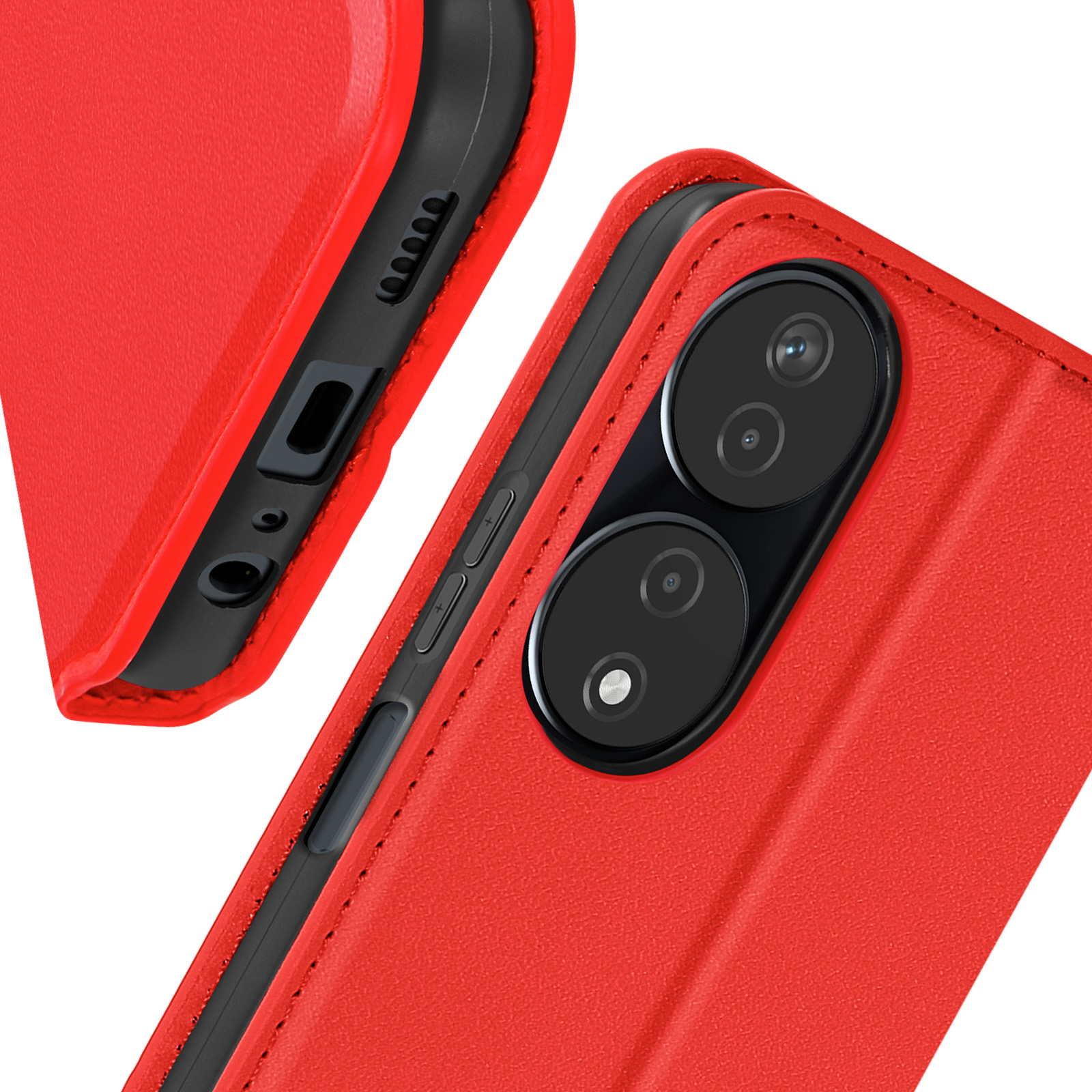 Custodia rossa per telefono, primo piano delle fotocamere e delle funzioni laterali.