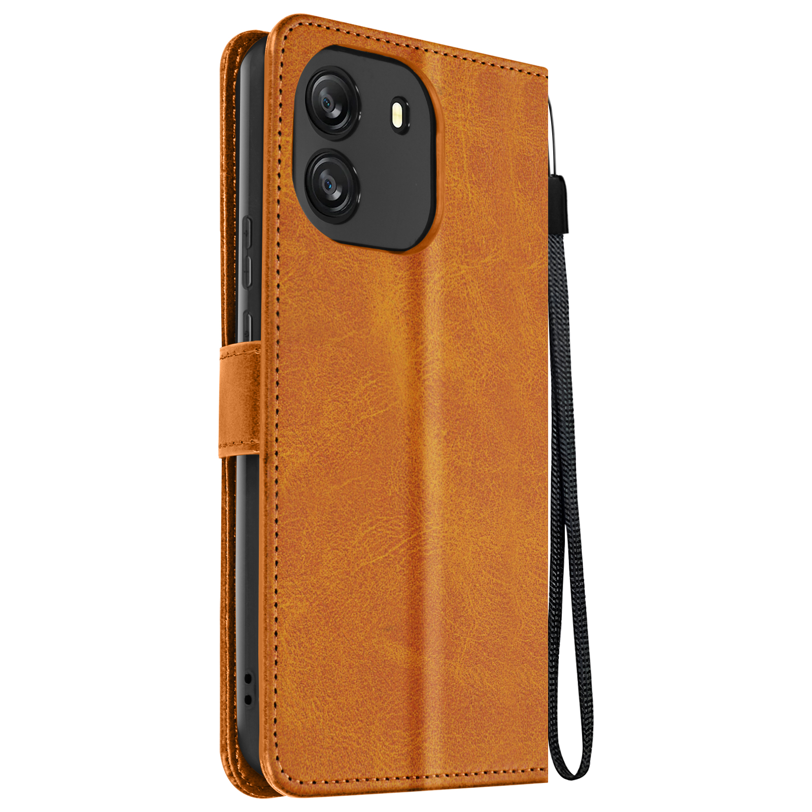 Braune Handyhülle mit Riemen. Telefon im Inneren sichtbar.