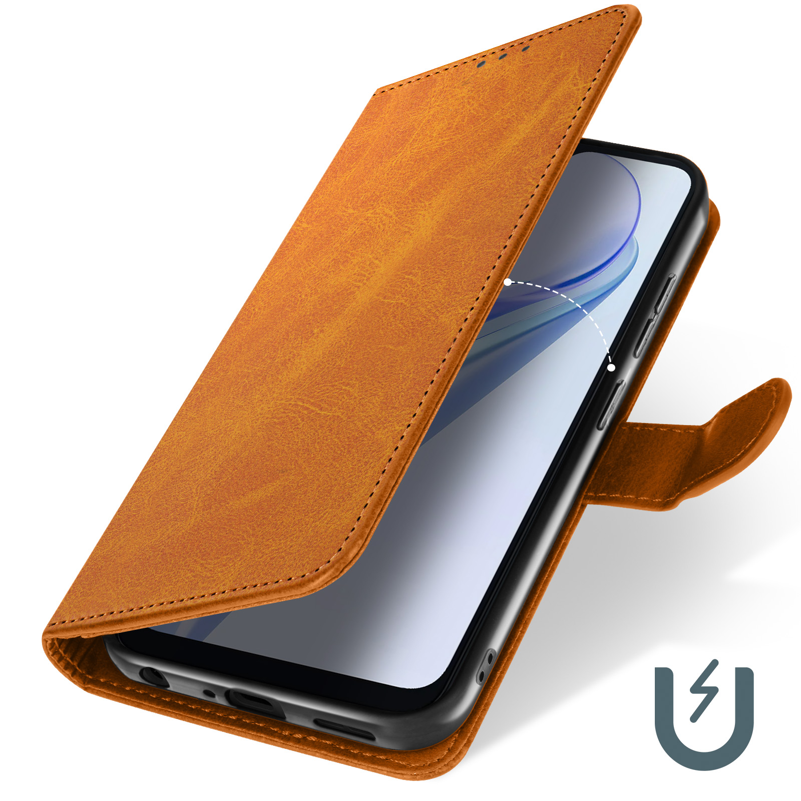Braune Handyhülle mit einem schwarzen Telefon. Magnetverschluss-Symbol rechts.