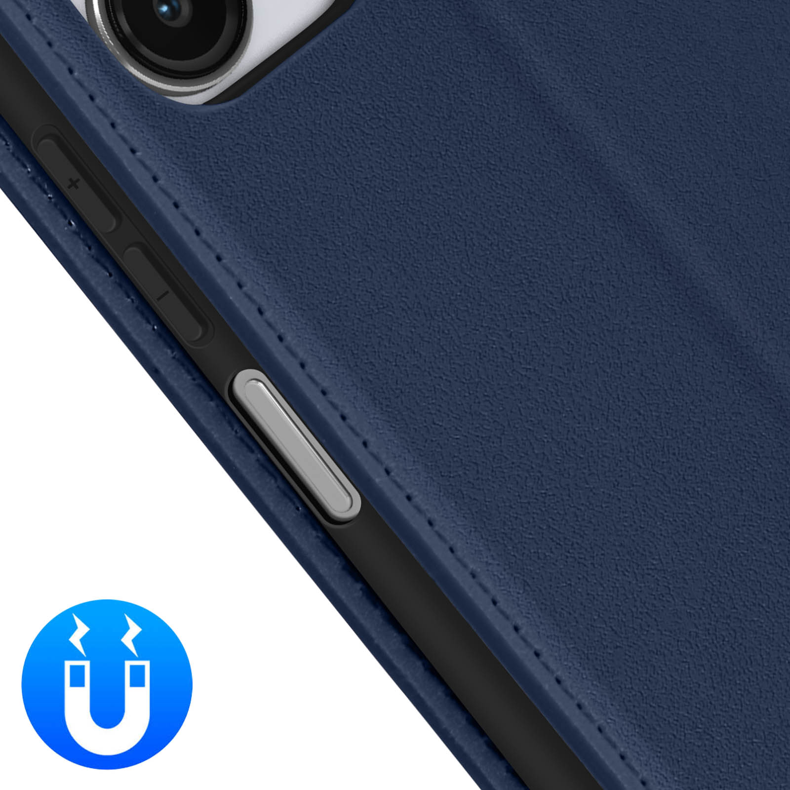 Nahaufnahme einer blauen Handyhülle mit Knöpfen und Magnetsymbol.