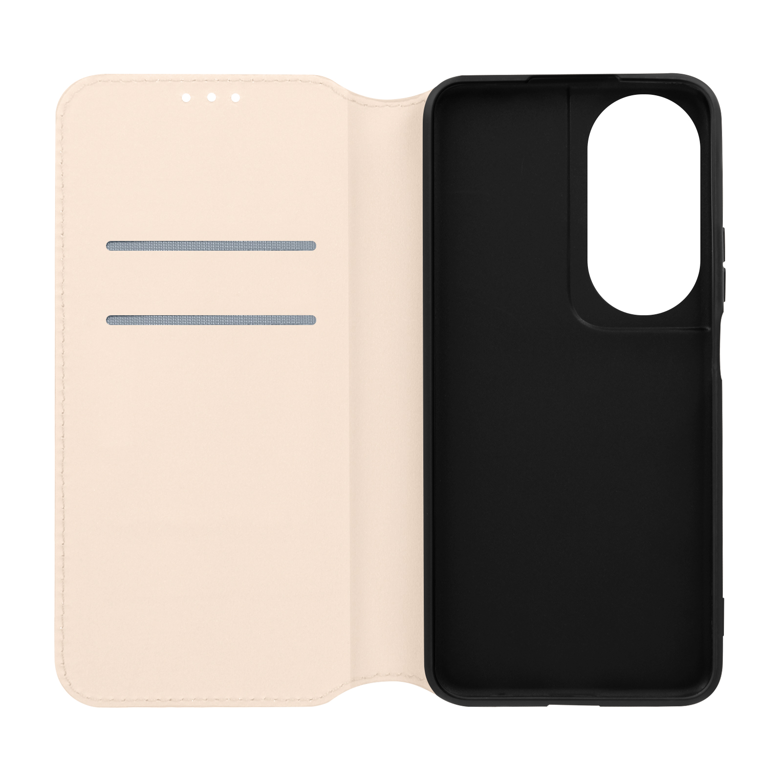 Custodia per telefono aperta, senza telefono. Interno beige, supporto nero. Tre fori visibili.