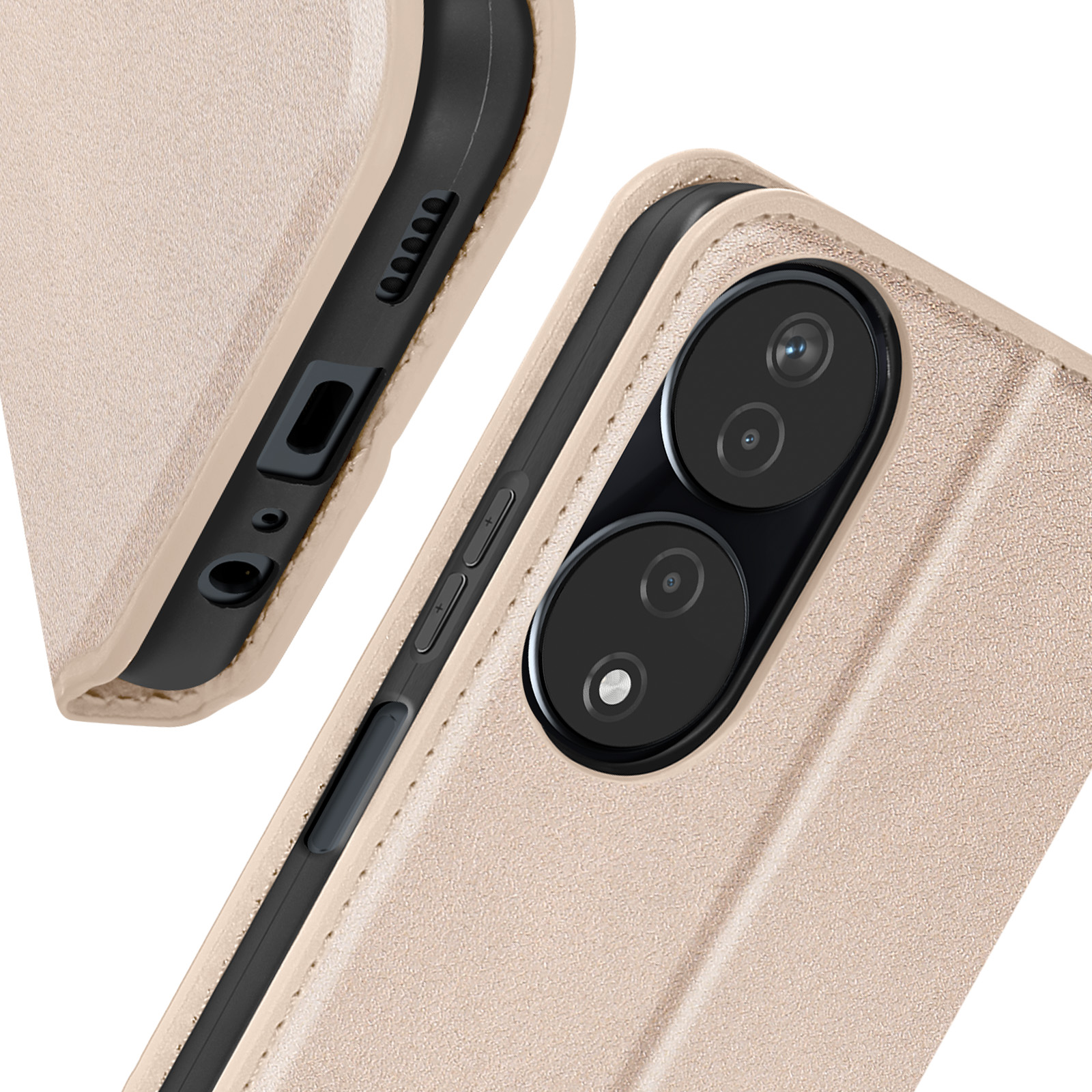 Primo piano di una custodia beige per telefono che mostra la porta di ricarica, i pulsanti e le lenti della fotocamera.