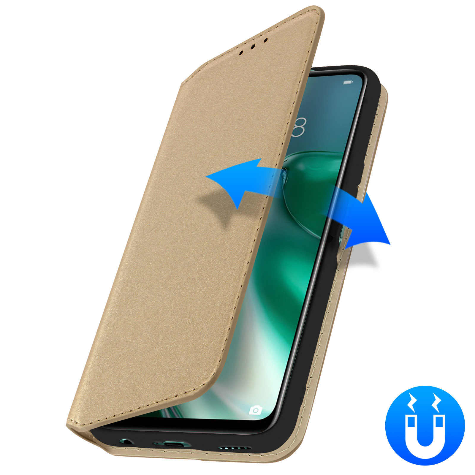 Una custodia per telefono che si apre per rivelare un telefono. Frecce blu mostrano l'azione di apertura.