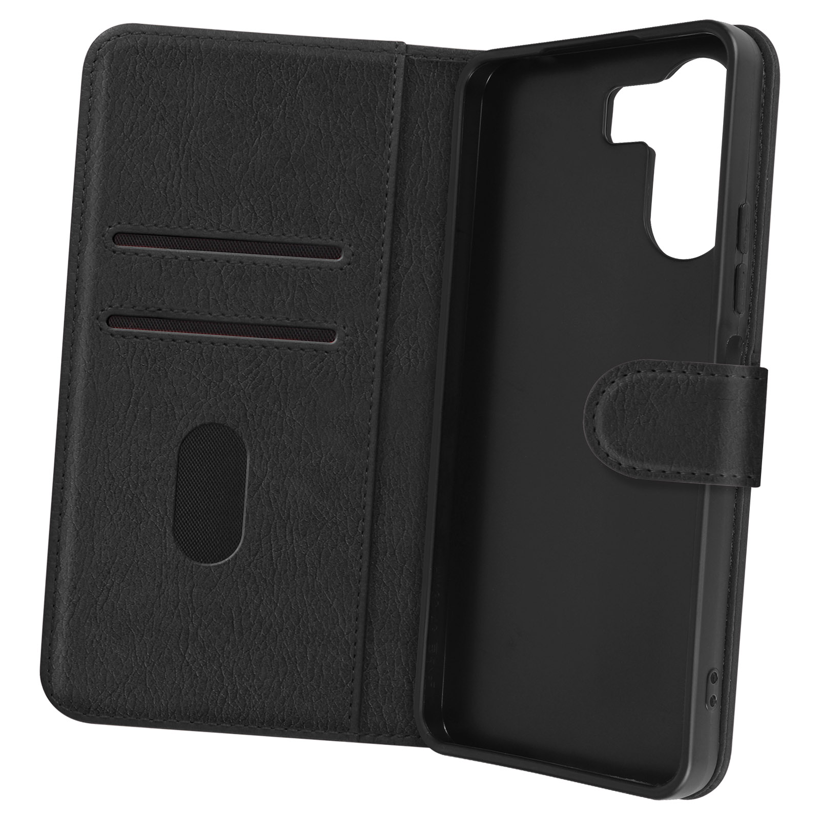 Custodia per telefono nera aperta, che mostra fessure per carte e uno slot per telefono.