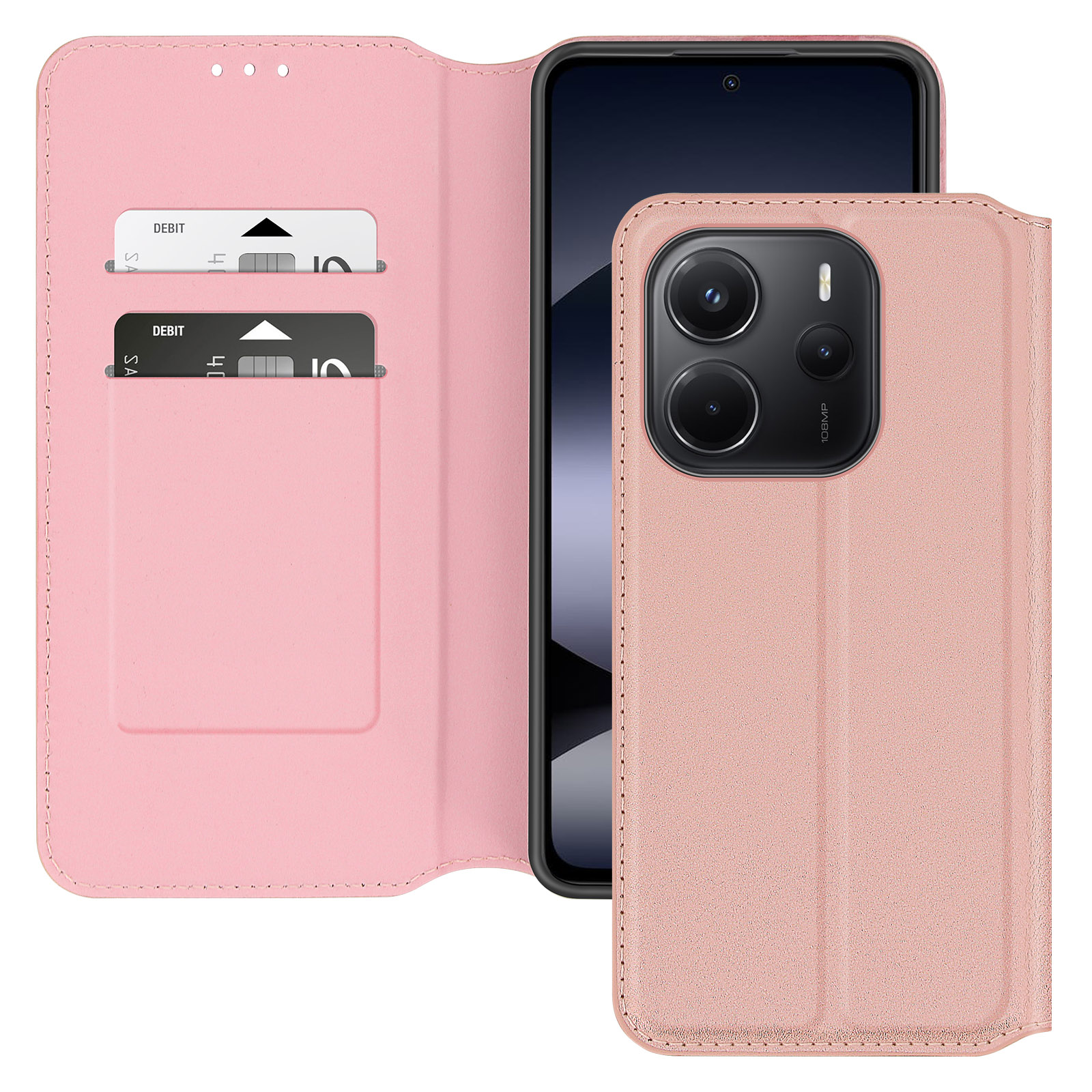Custodia per telefono rosa aperta, che mostra un telefono con carte e un design a portafoglio.