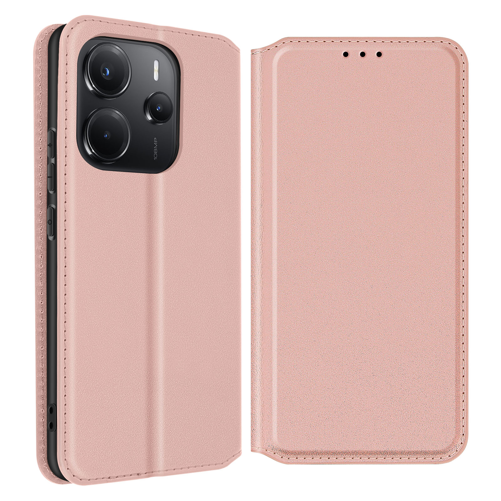 Custodia rosa per telefono aperta. Il telefono è visibile e ha una fotocamera. La custodia è rosa.