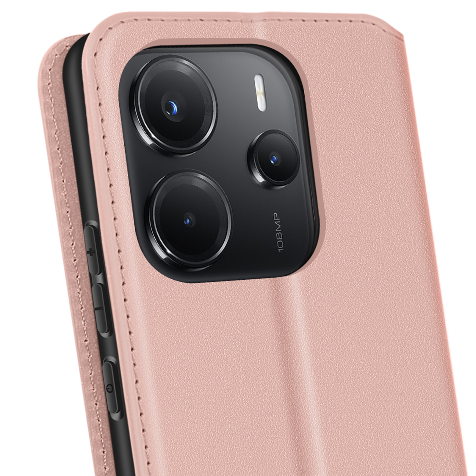 Custodia per telefono rosa con telefono all'interno, che mostra obiettivi della fotocamera e pulsanti laterali.