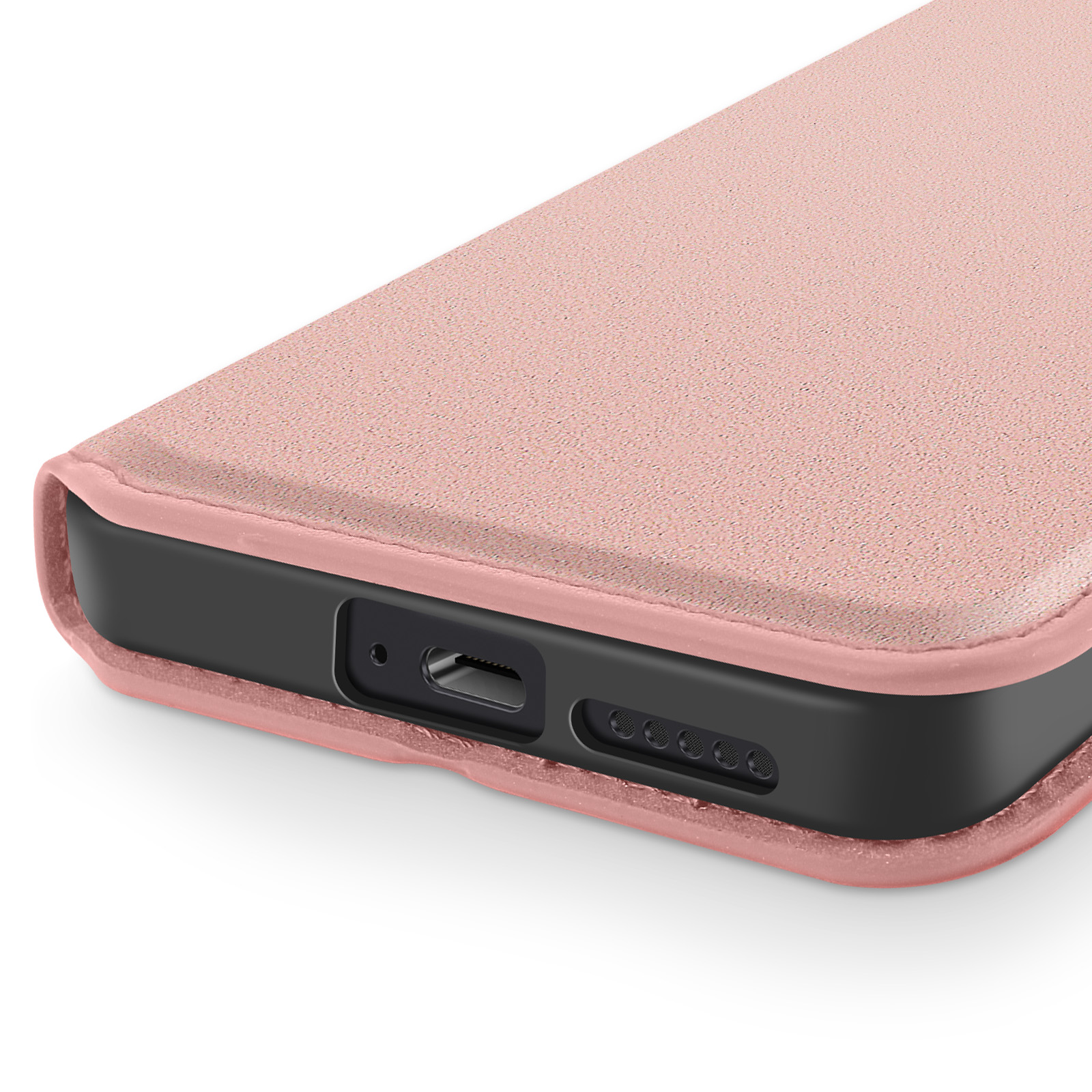 Primo piano di una custodia rosa per telefono. Bordo nero con aperture per le porte. Sfondo bianco.
