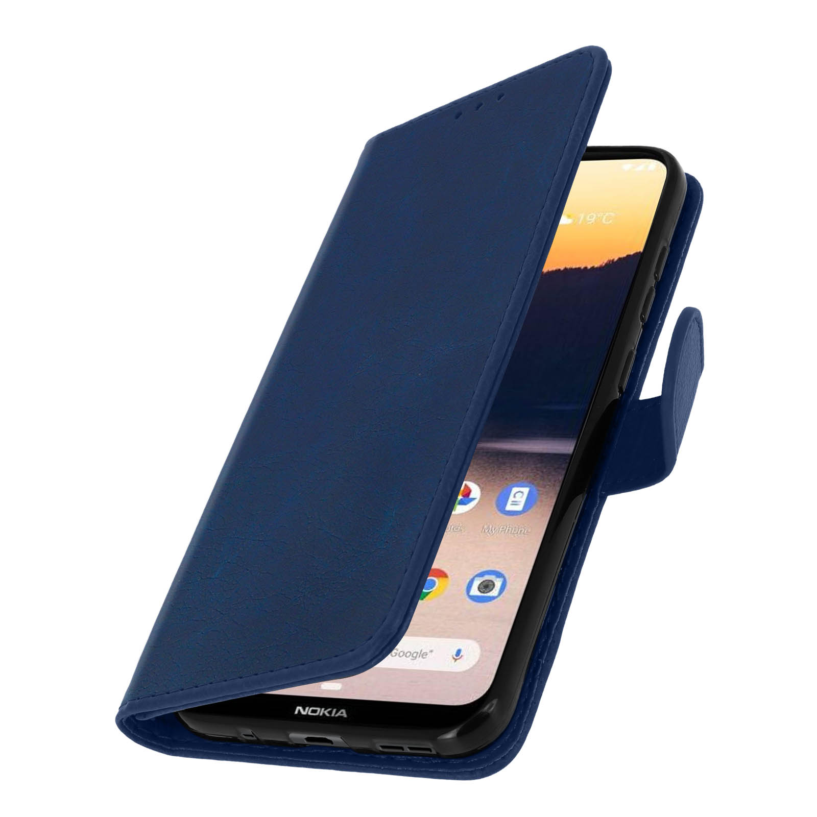 Custodia per telefono blu aperta. Il telefono è visibile all'interno, mostrando una schermata iniziale.
