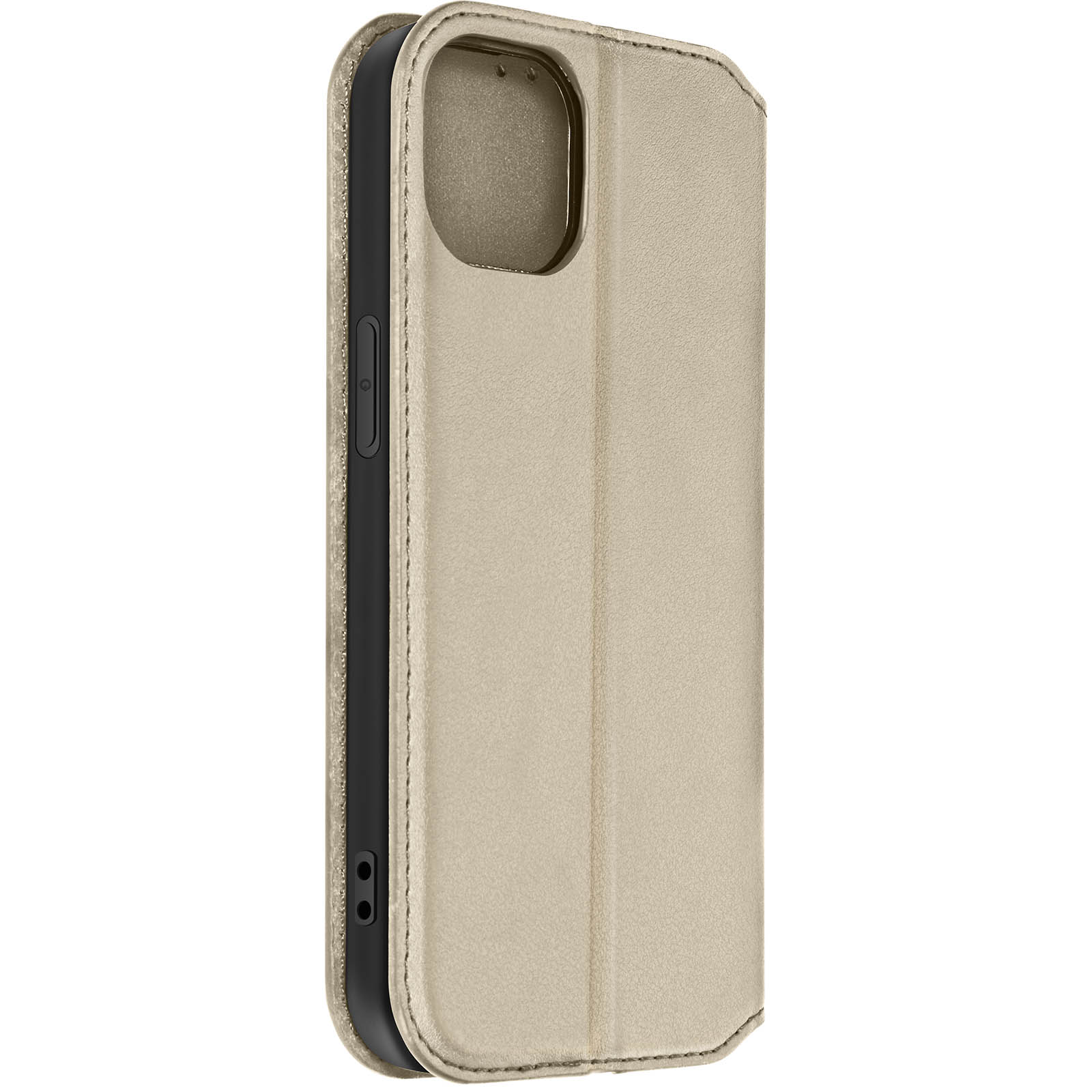 Custodia per telefono in pelle beige, chiusa. Mostra il lato con i pulsanti e il ritaglio della fotocamera.