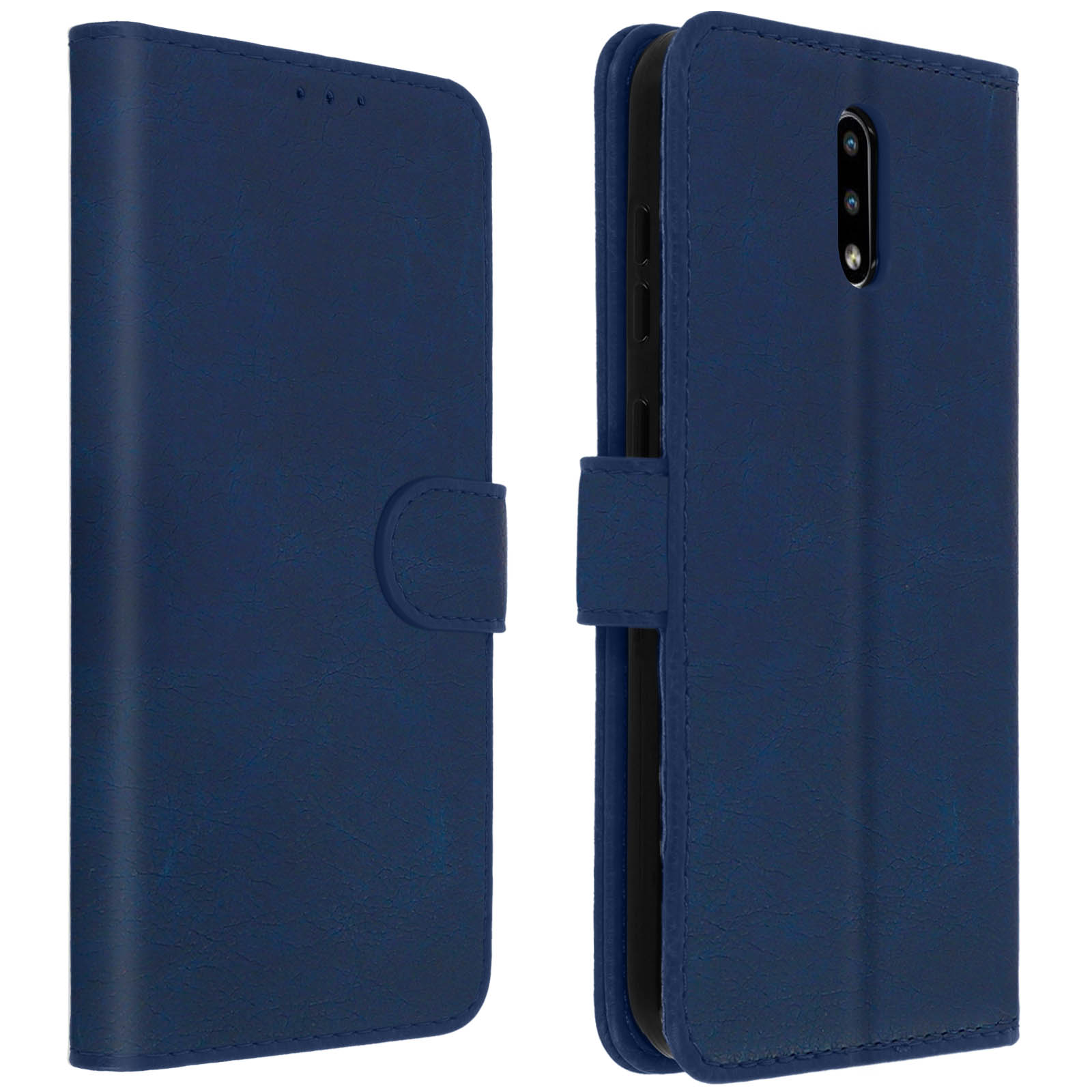 Custodia per telefono blu scuro, aperta, con un telefono all'interno. Chiusa a destra.