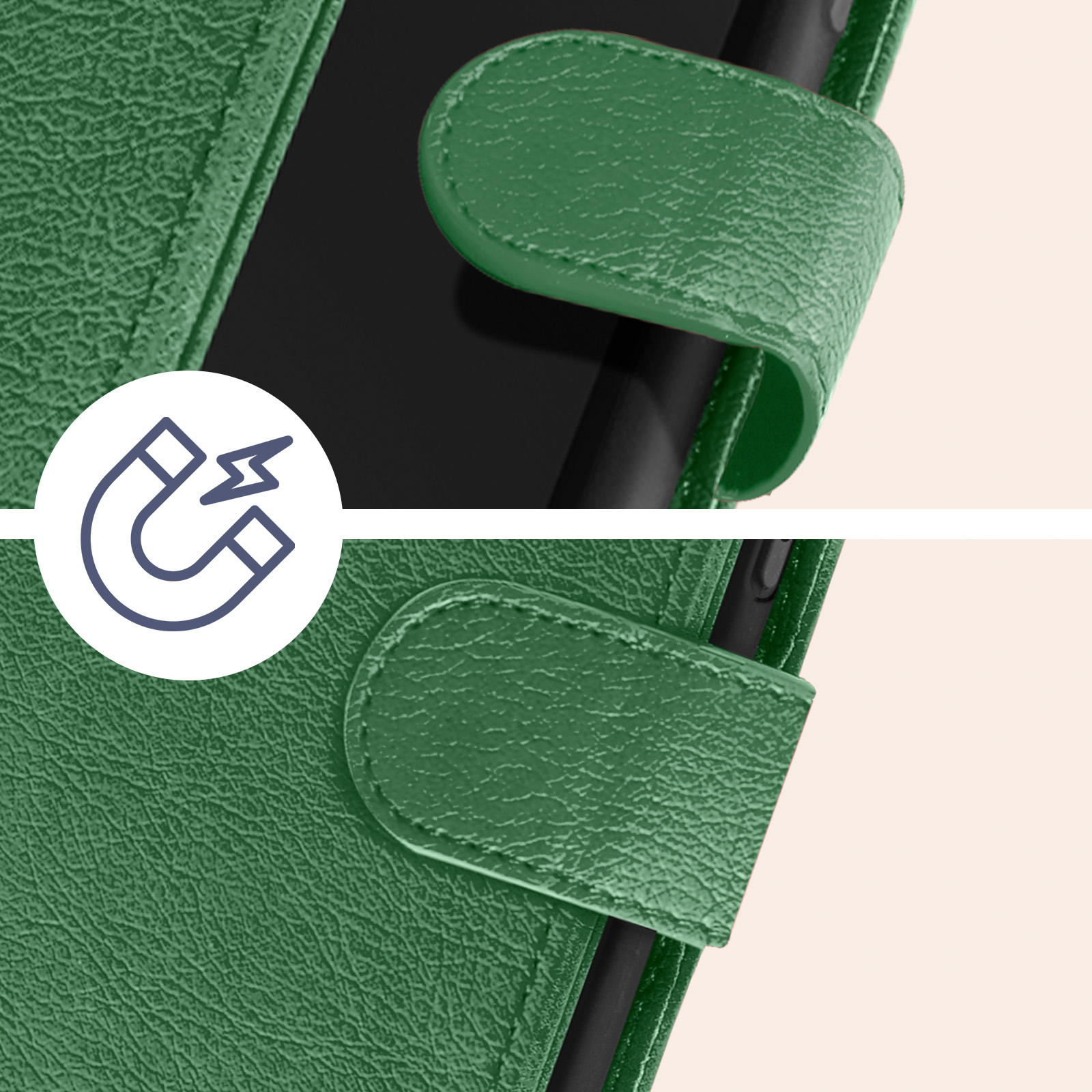 Nahaufnahme einer grünen Handyhülle mit Magnetverschluss und Magnet-Symbol.