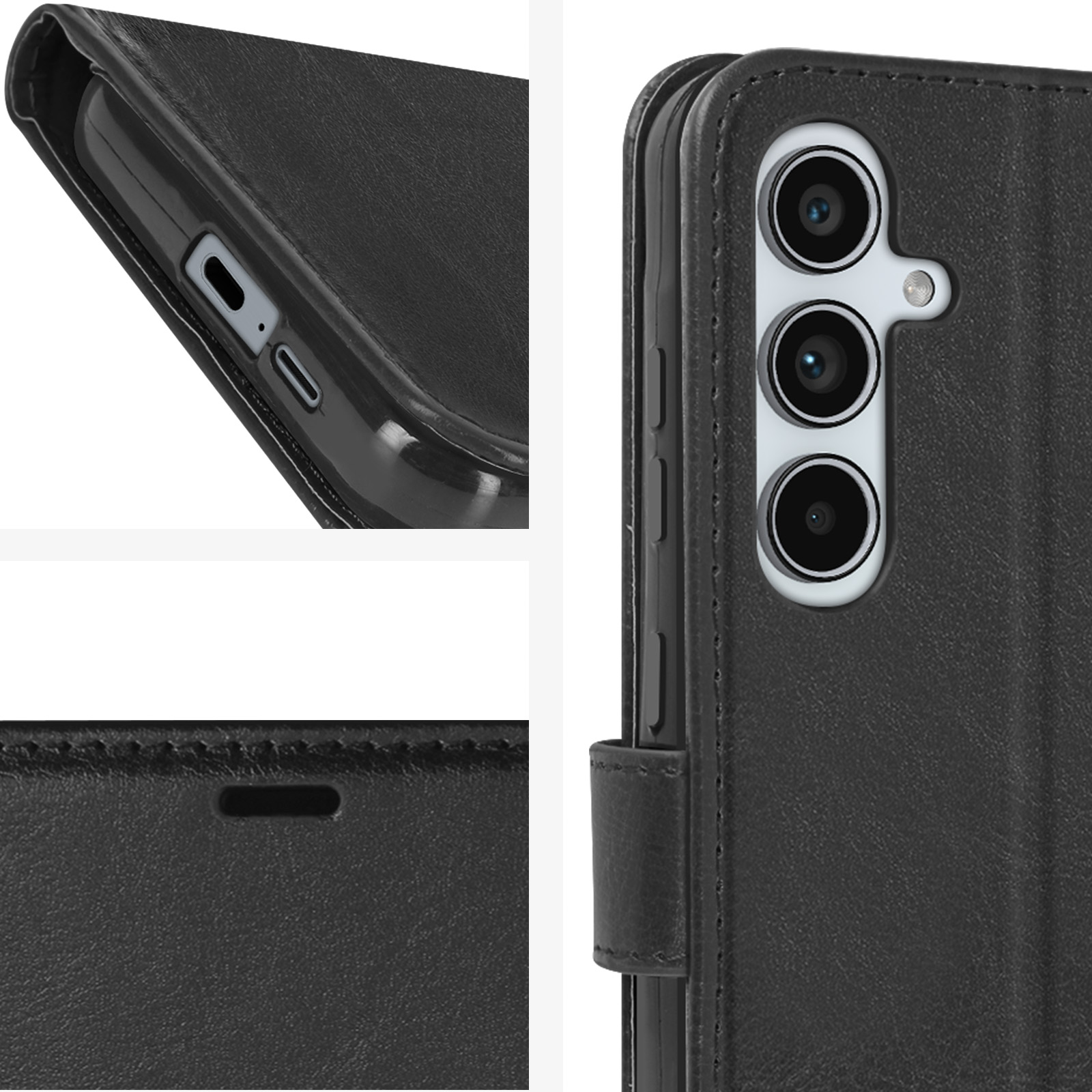 Custodia per telefono nera con telefono all'interno, che mostra i dettagli dei pulsanti e delle triple fotocamere.