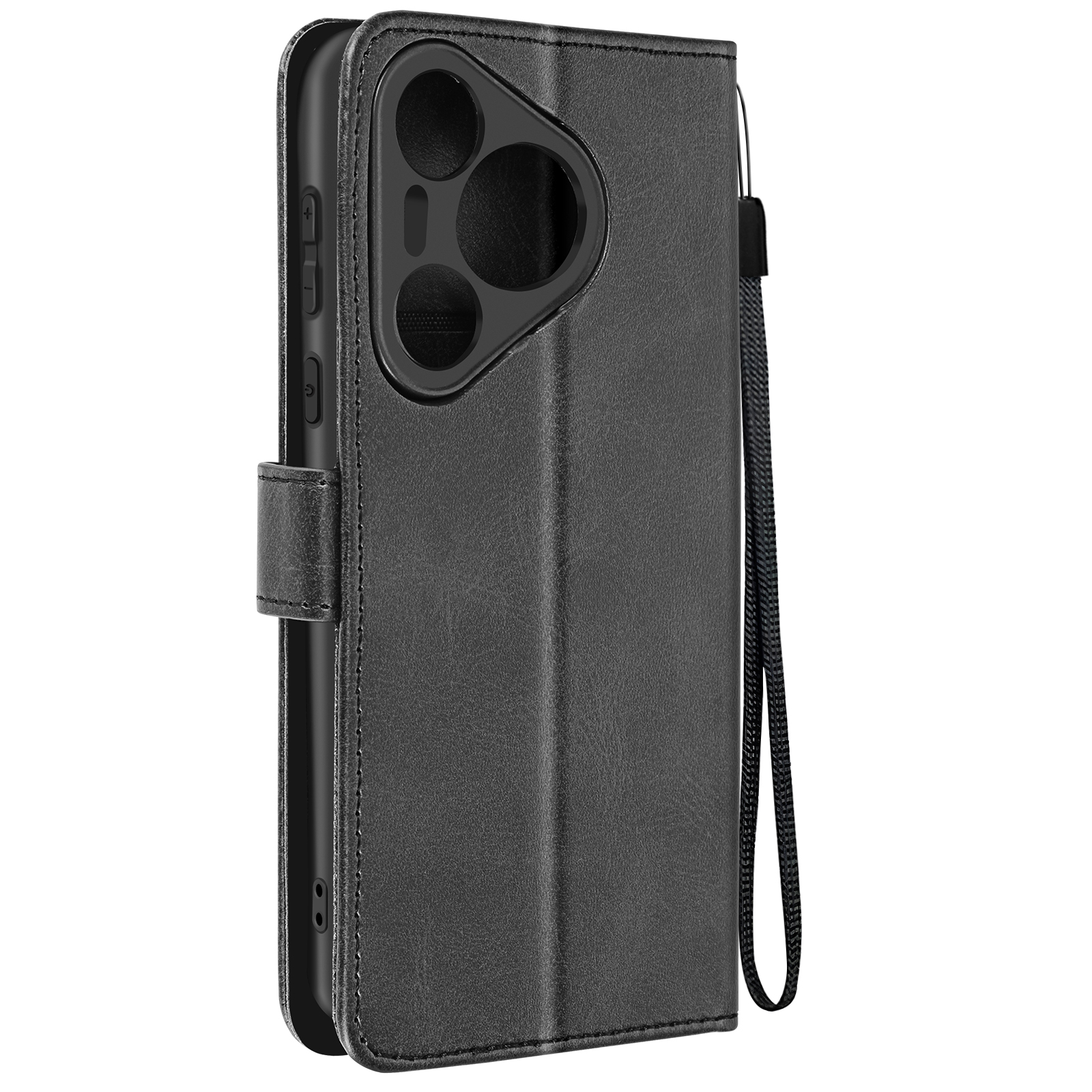 Custodia per telefono in pelle nera, aperta, con telefono all'interno. Con ritagli per fotocamera e cinturino da polso.
