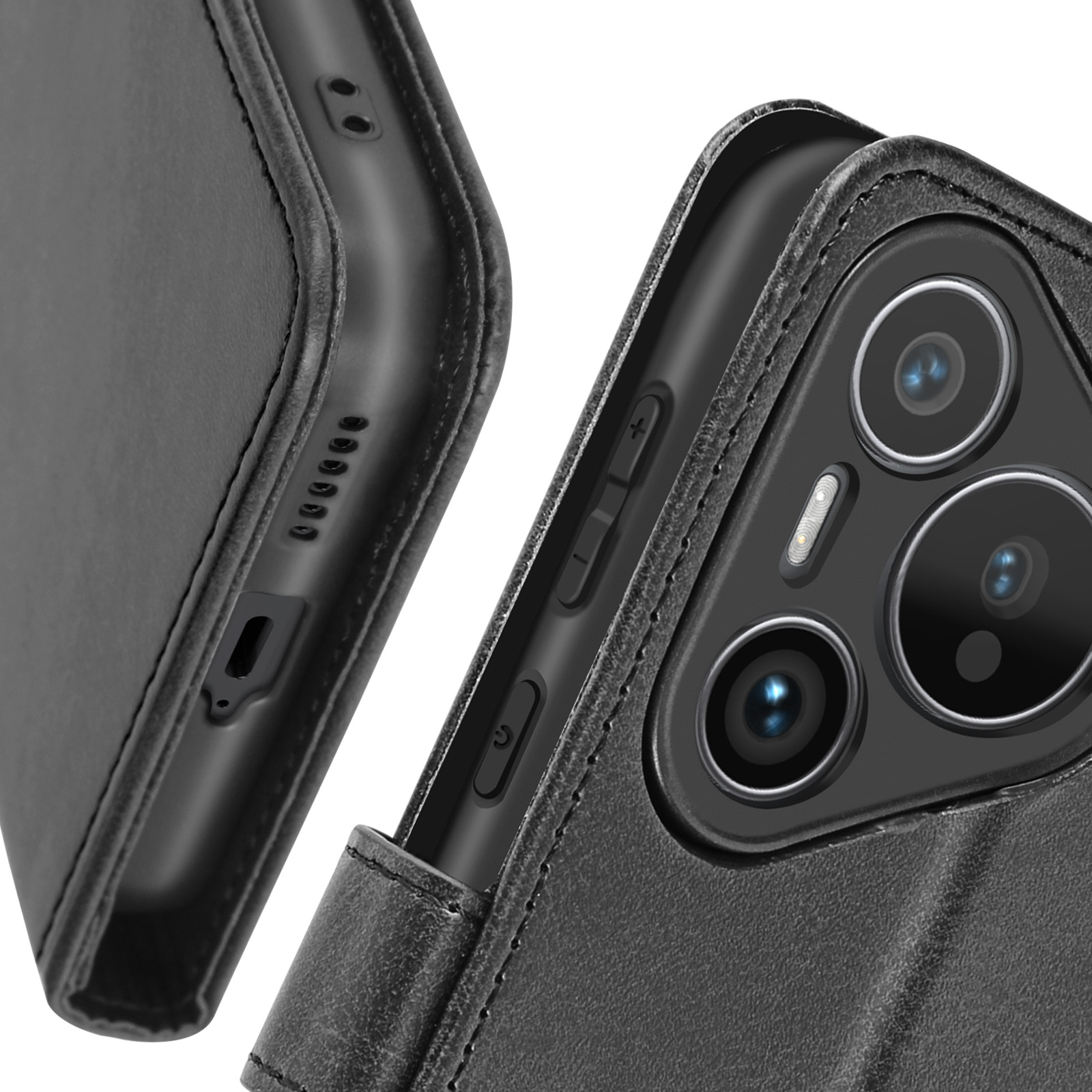 Primo piano di custodia nera con pulsanti e dettagli della fotocamera. Mostra lato e design.