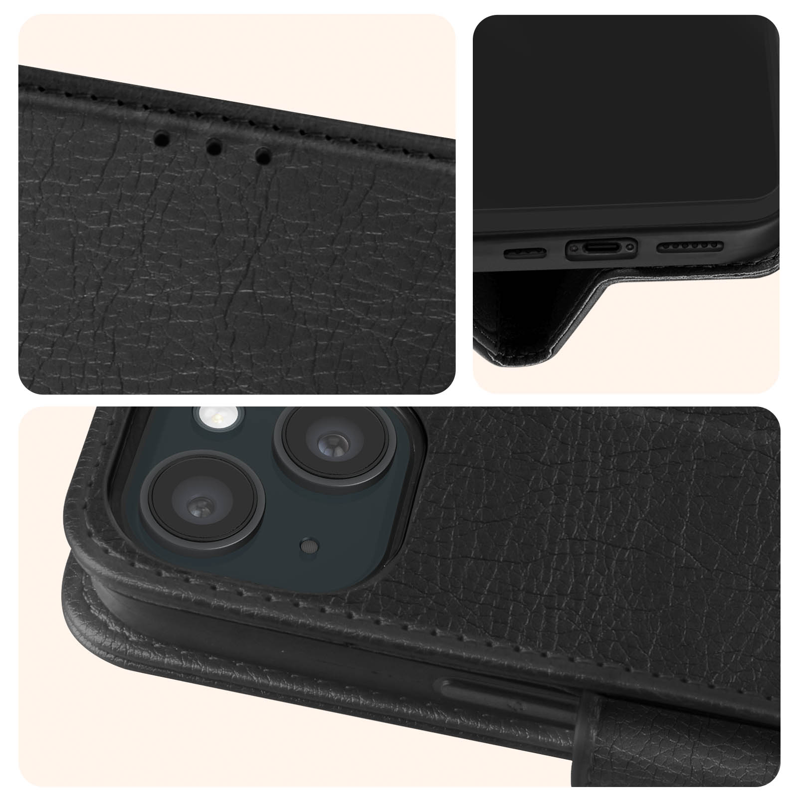 Custodia nera per telefono, primo piano dei dettagli: fotocamera, pulsanti e trama.