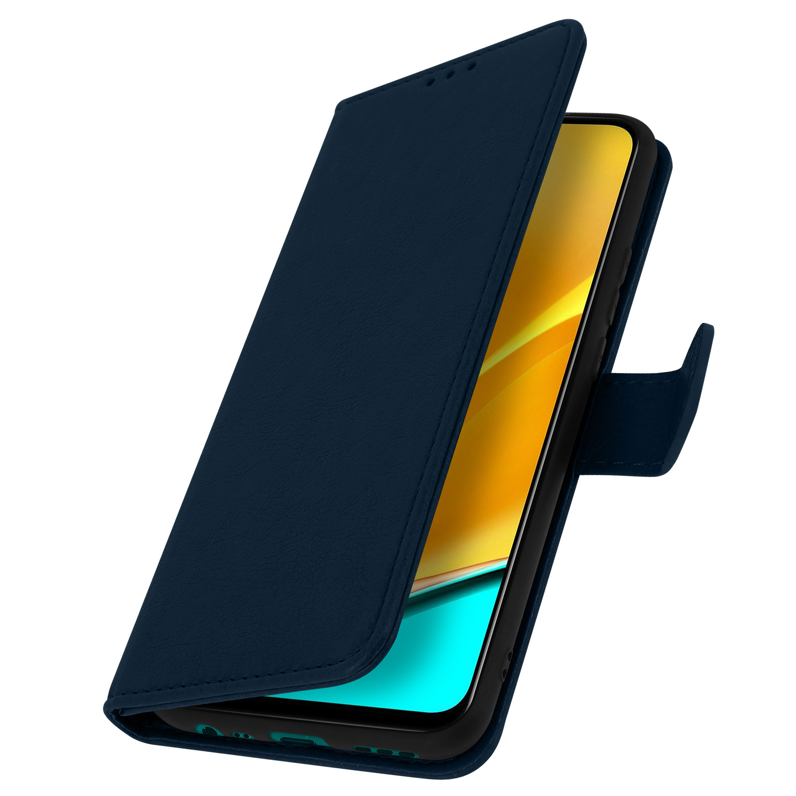 Una custodia blu navy, leggermente aperta, che rivela lo schermo del telefono.