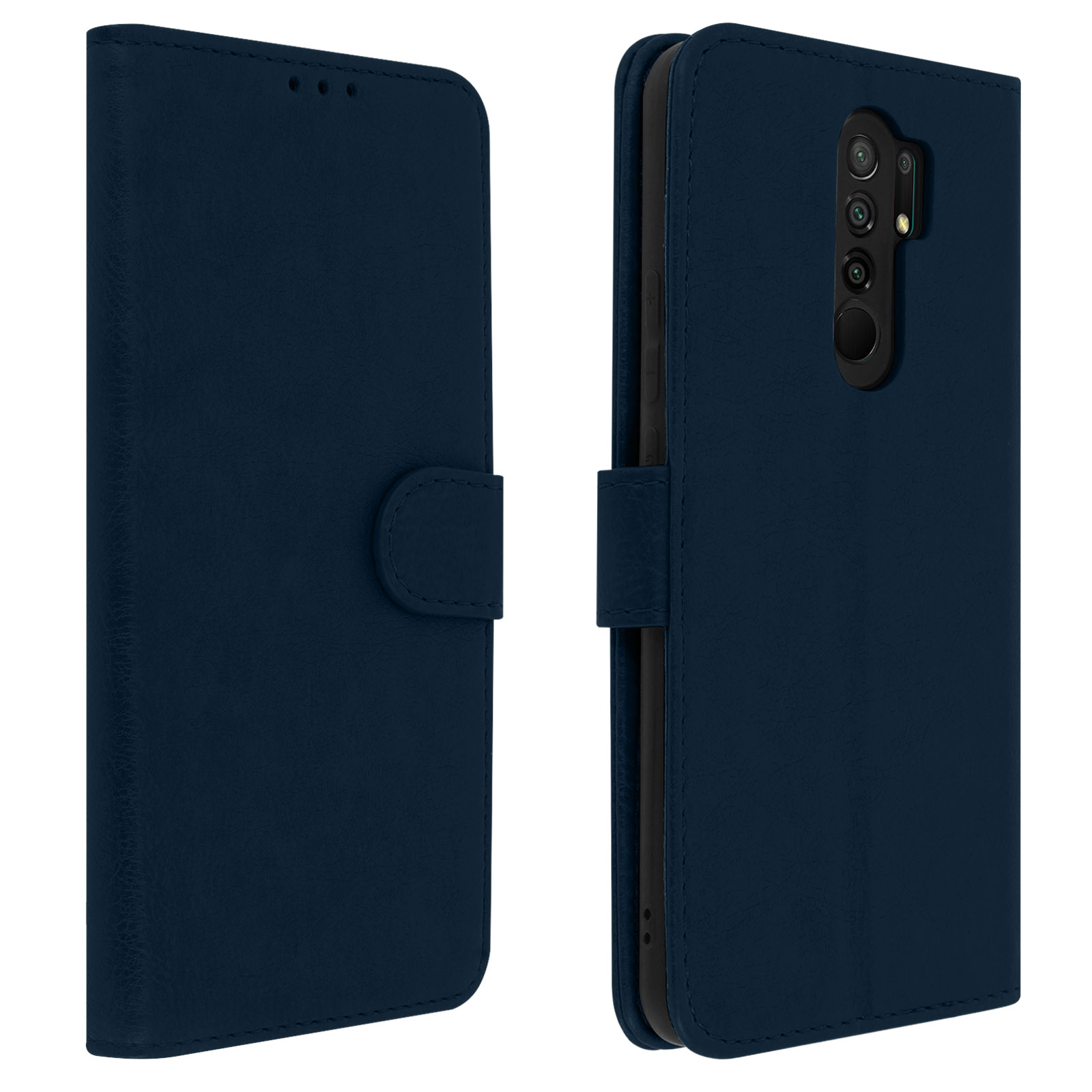 Una custodia per telefono blu navy è aperta, mostrando un telefono all'interno. La custodia ha una chiusura a bottone.