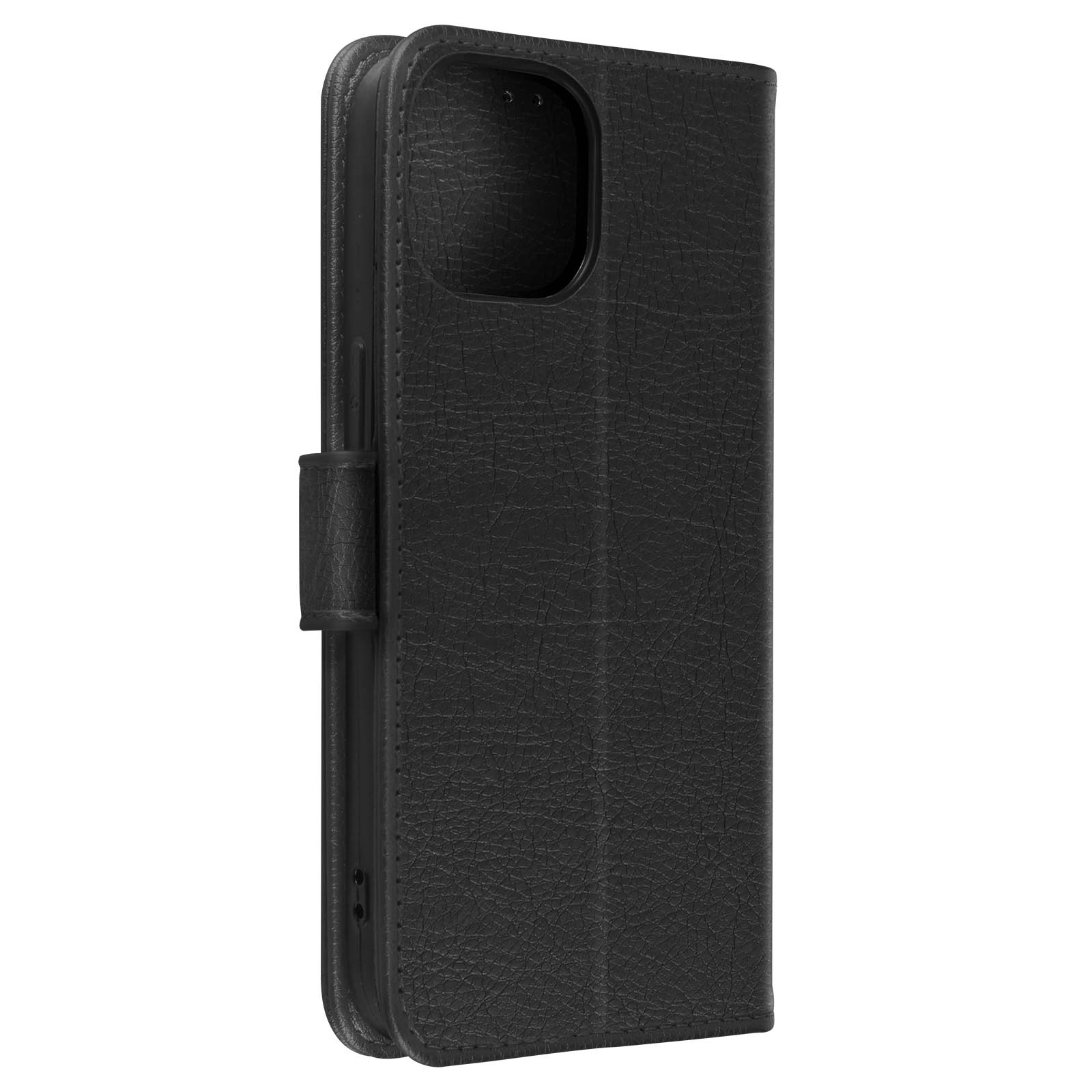 Custodia nera per telefono chiusa. Ha una chiusura magnetica. La custodia è in pelle.
