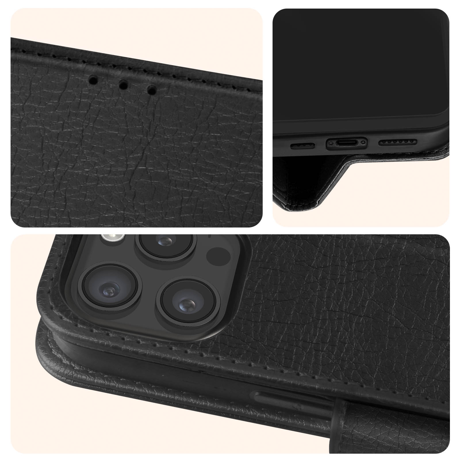 Primo piano di una custodia nera per telefono con un telefono all'interno. Mostra fotocamera, pulsanti e dettagli delle cuciture.